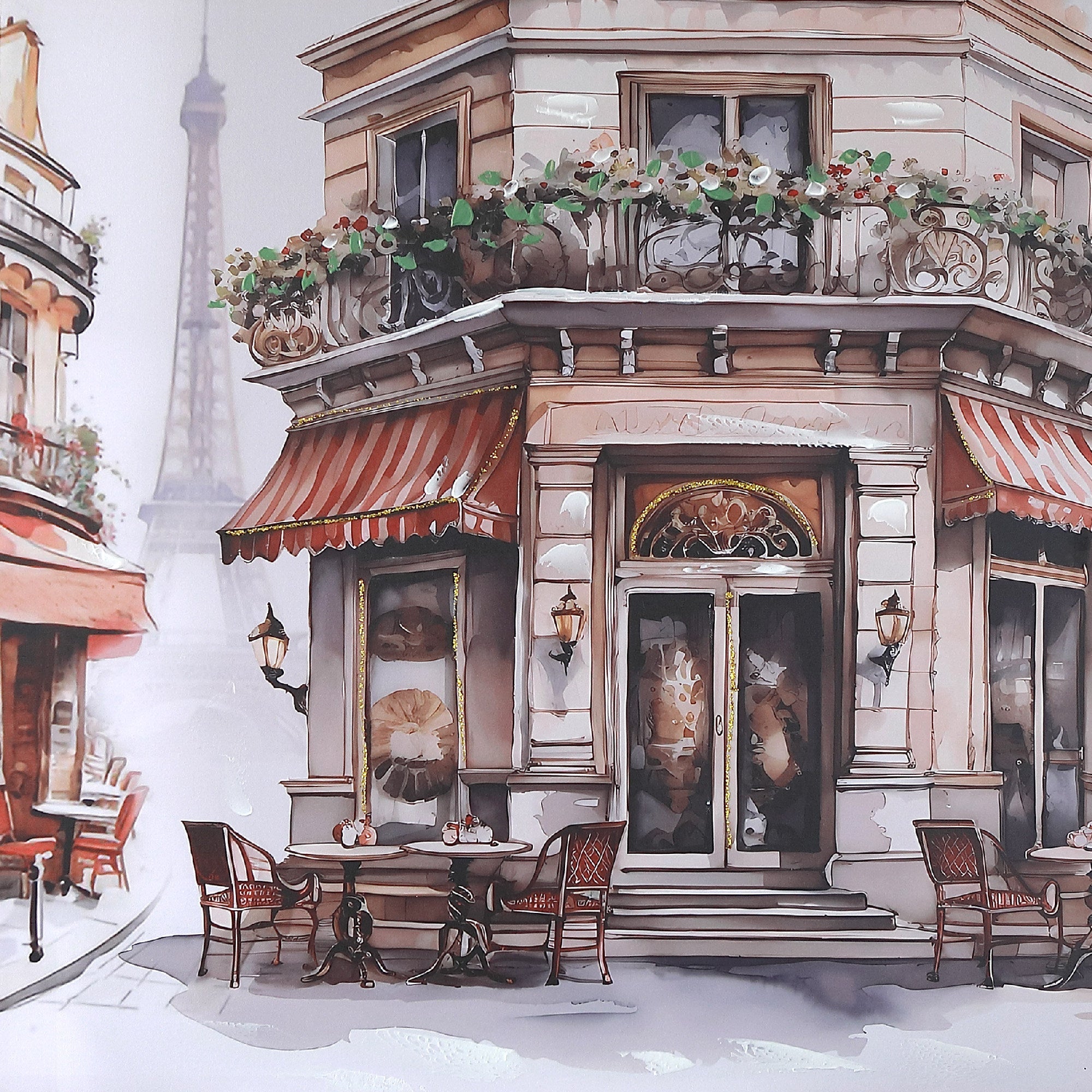 Hand Painted Wall Art with Cafe Bistro Scene Assorted - Set of 2, European Inspired Wall Decor, Home Kitchen or Dining Room Accent