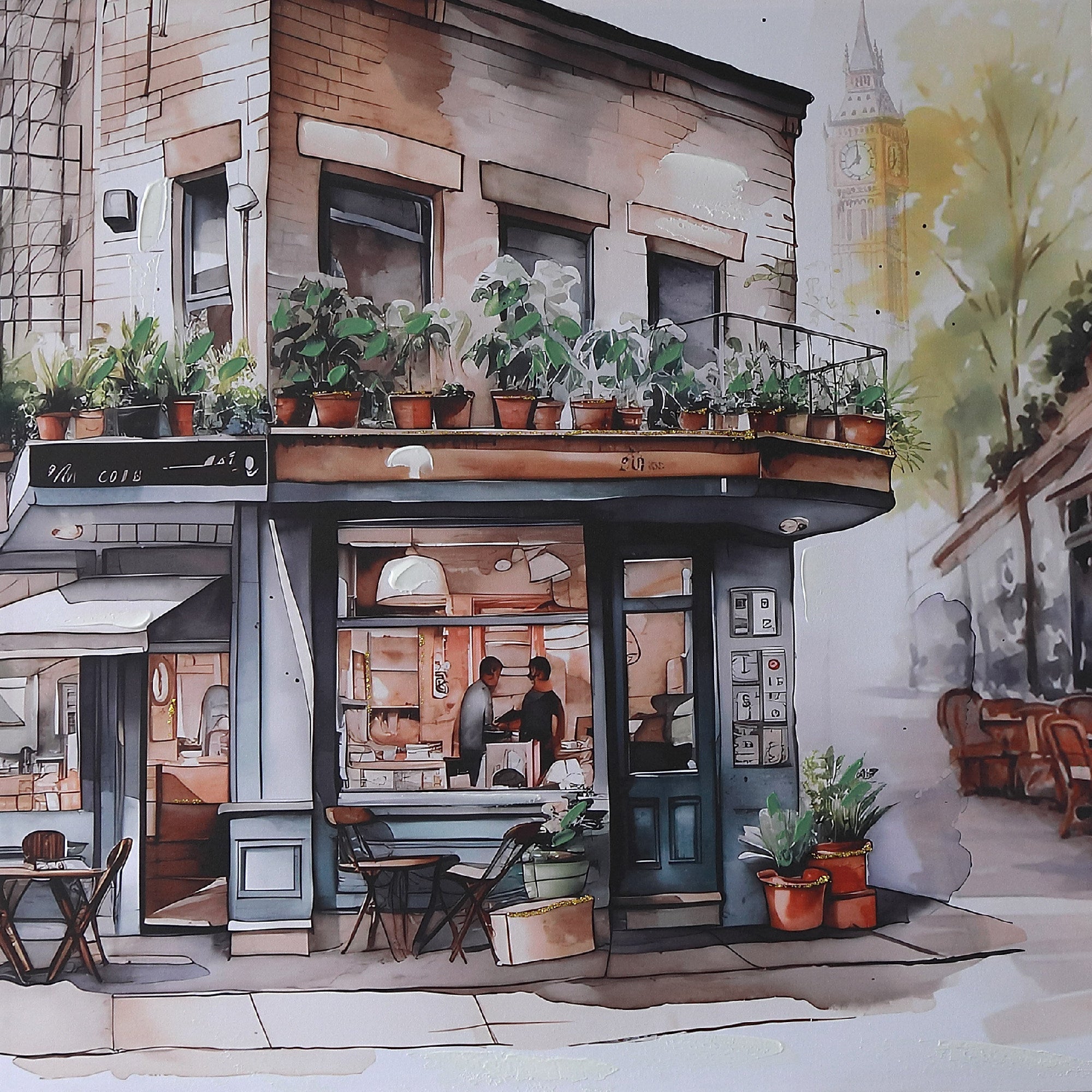 Hand Painted Wall Art with Cafe Bistro Scene Assorted - Set of 2, European Inspired Wall Decor, Home Kitchen or Dining Room Accent