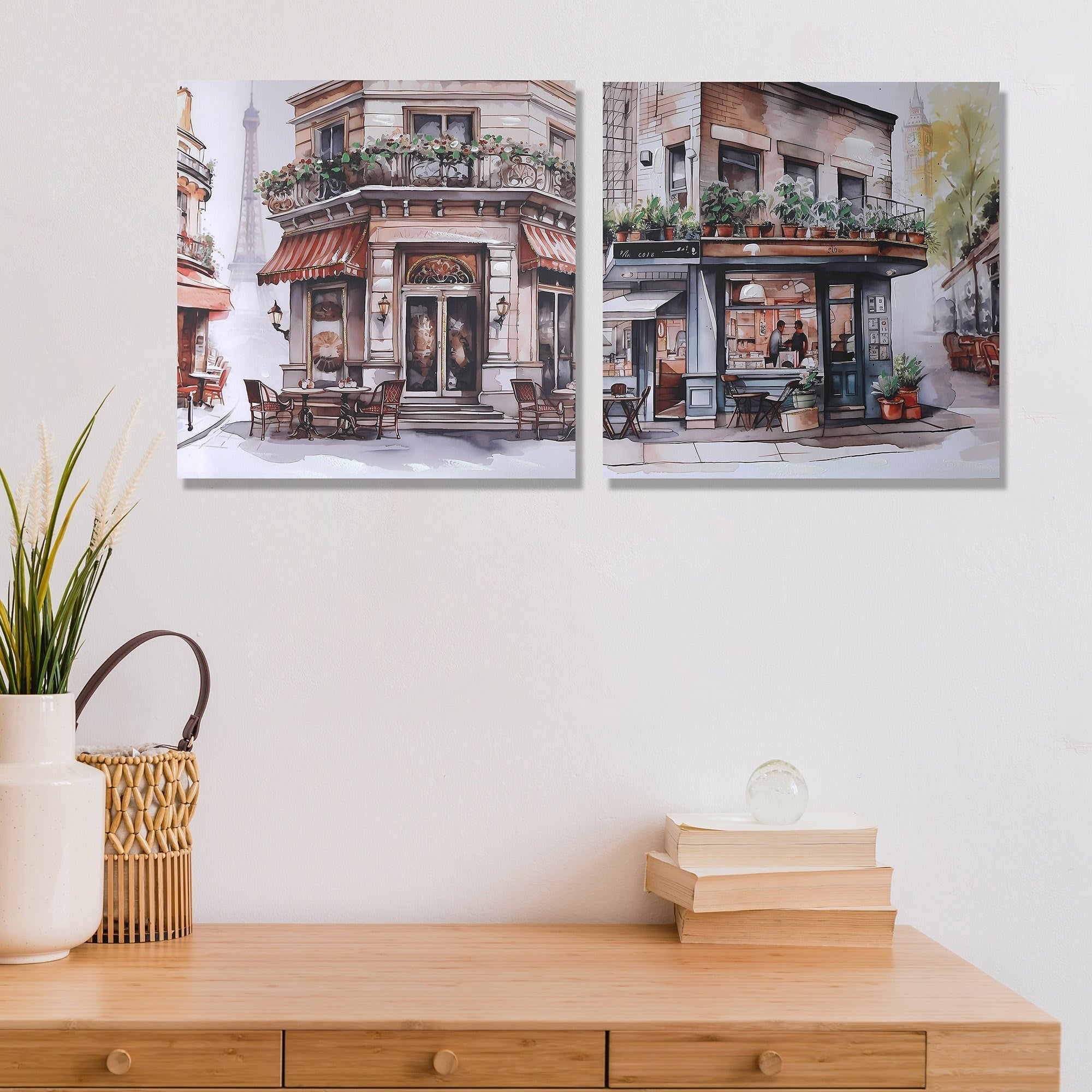 Hand Painted Wall Art with Cafe Bistro Scene Assorted - Set of 2, European Inspired Wall Decor, Home Kitchen or Dining Room Accent