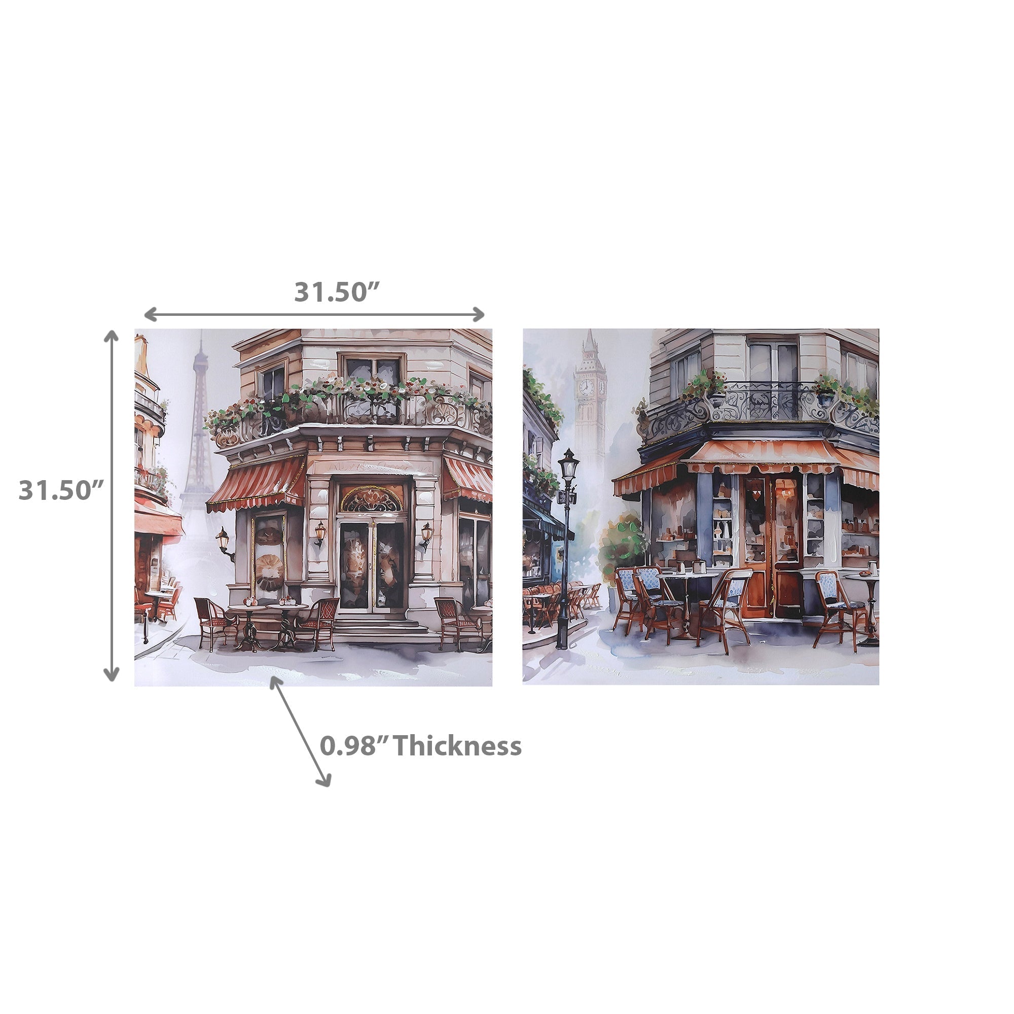 Hand Painted Wall Art with Cafe Bistro Scene Assorted - Set of 2, European Inspired Wall Decor, Home Kitchen or Dining Room Accent