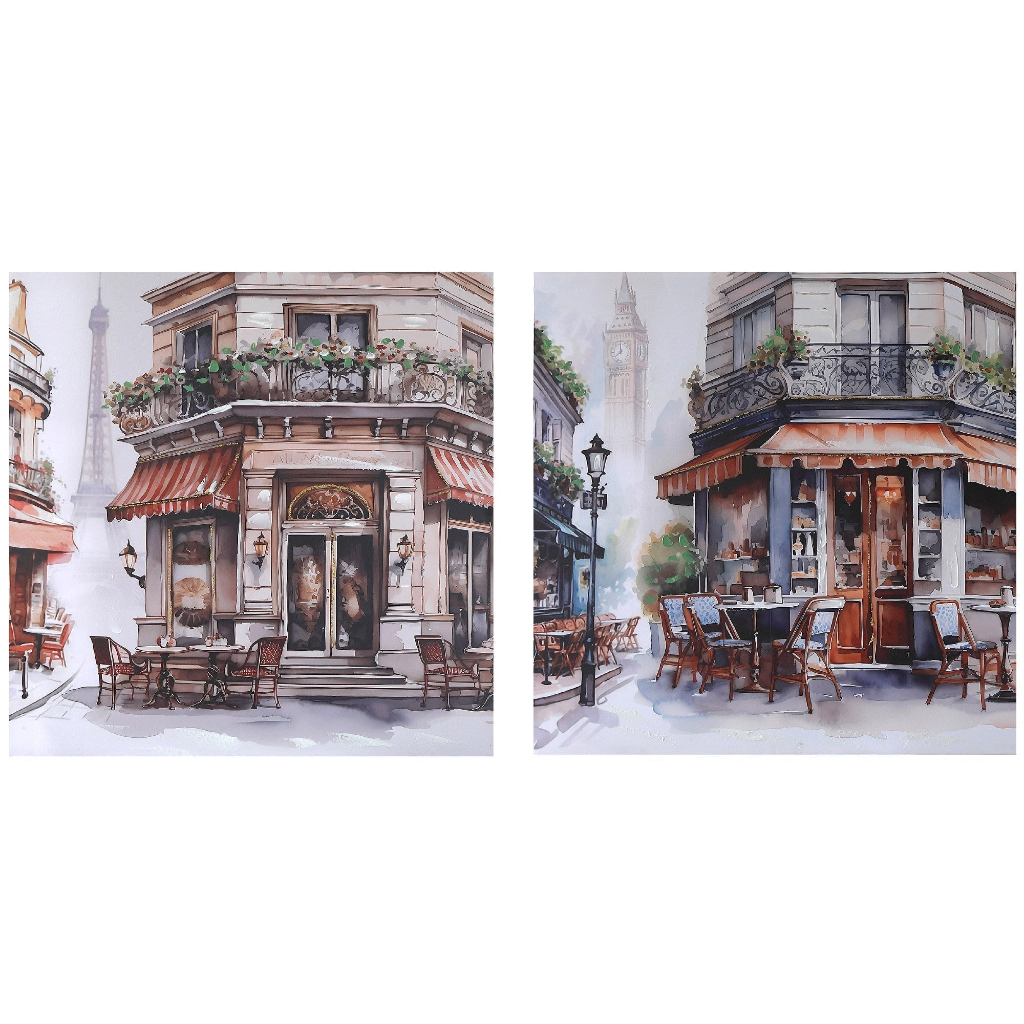 Hand Painted Wall Art with Cafe Bistro Scene Assorted - Set of 2, European Inspired Wall Decor, Home Kitchen or Dining Room Accent