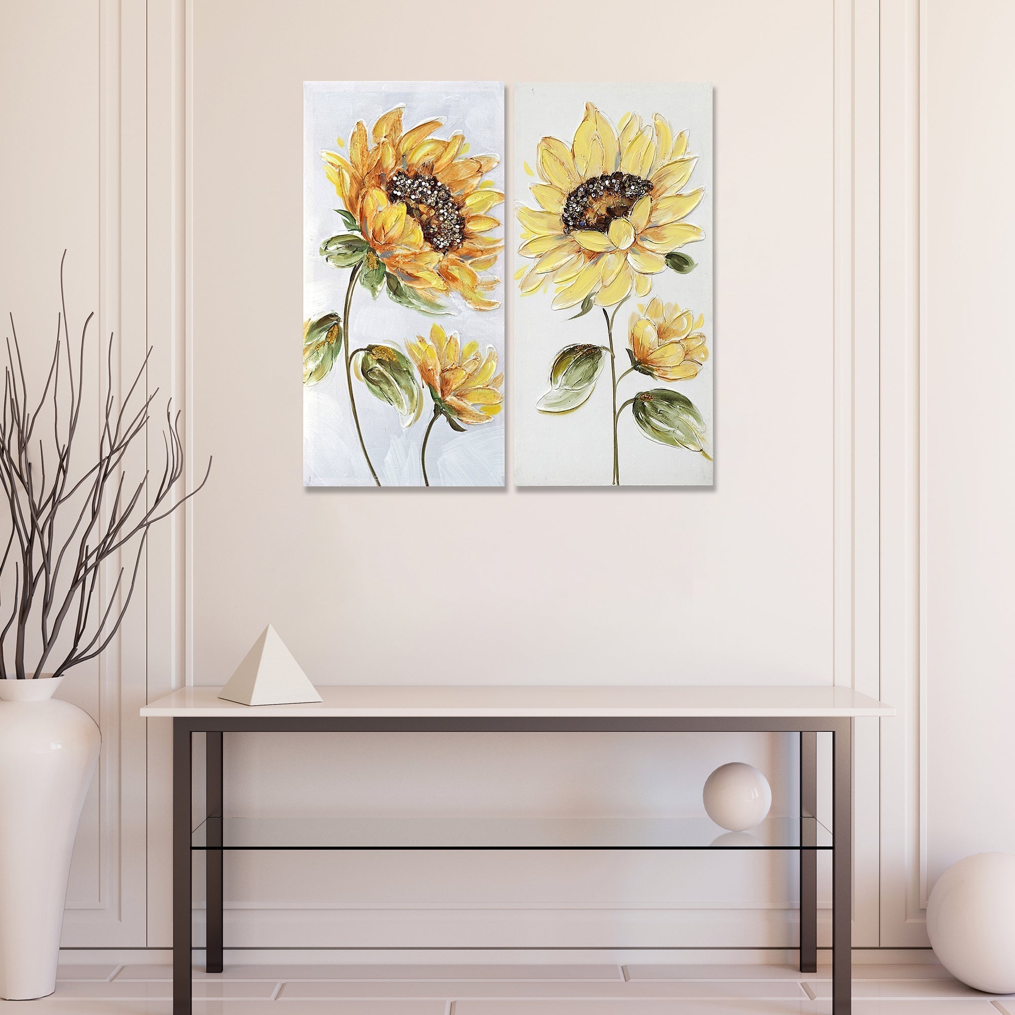Hand Painted Wall Art with Sunflower Design Assorted - Set of 2, Nature Inspired Wall Decor, Bright Floral Canvas Artwork, Home Accent