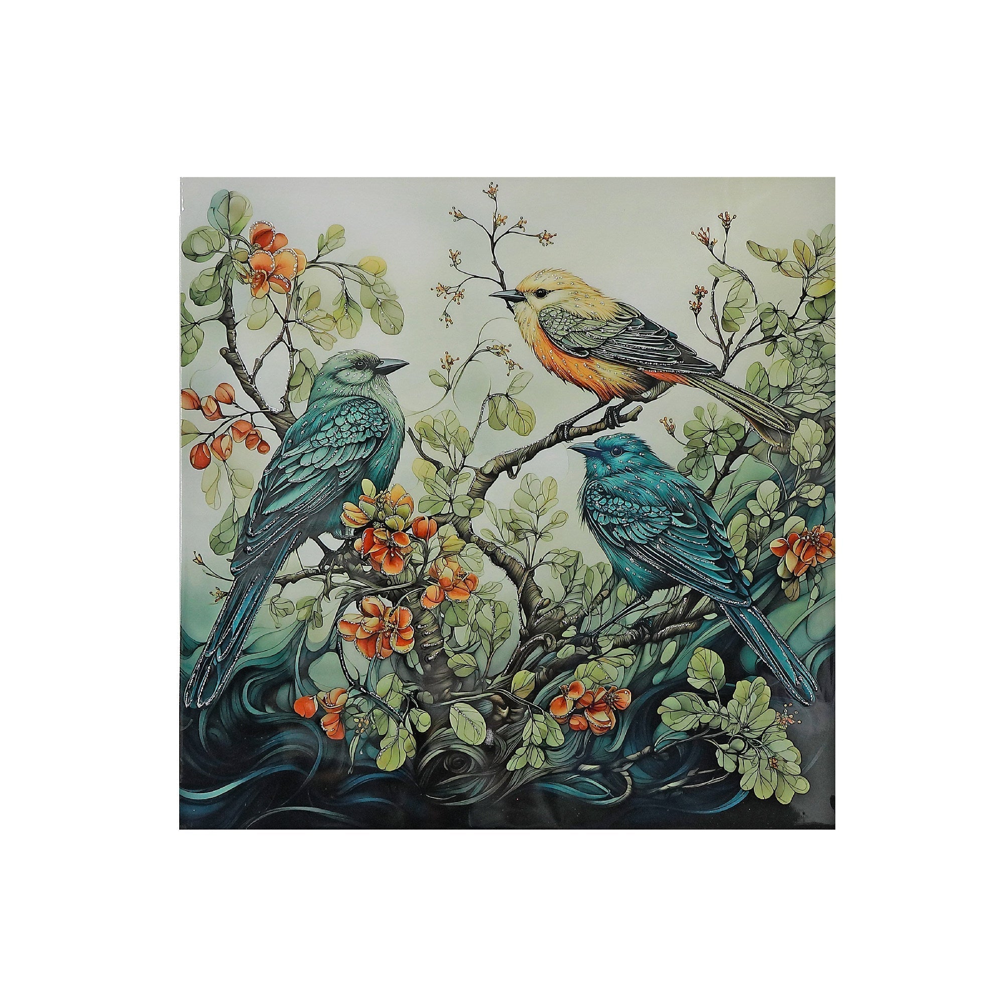 Lacquer Finish Wall Art Featuring Birds on Tree Assorted - Set of 2, Nature Inspired Wall Decor, Home Accent, Contemporary Artwork
