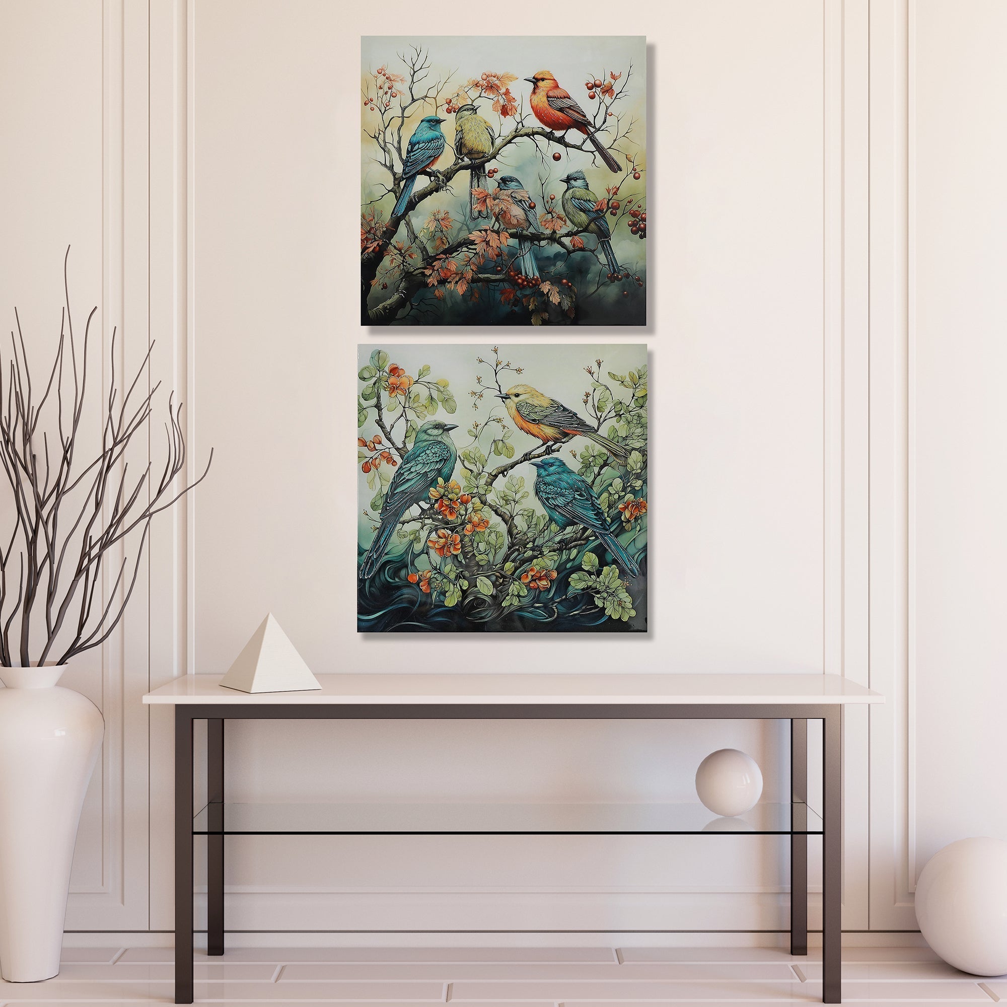 Lacquer Finish Wall Art Featuring Birds on Tree Assorted - Set of 2, Nature Inspired Wall Decor, Home Accent, Contemporary Artwork