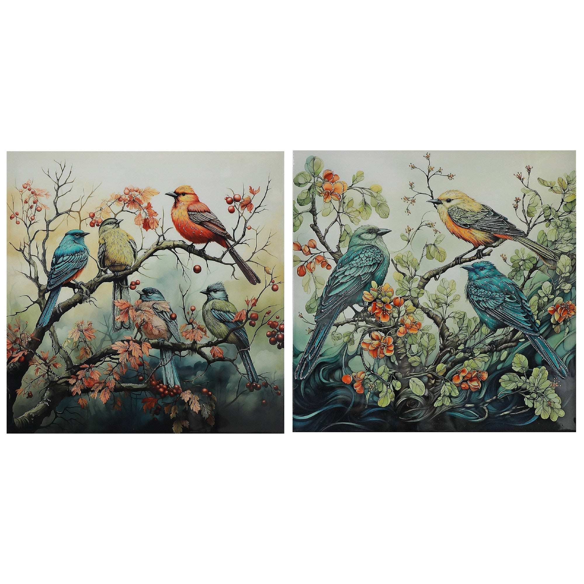Lacquer Finish Wall Art Featuring Birds on Tree Assorted - Set of 2, Nature Inspired Wall Decor, Home Accent, Contemporary Artwork