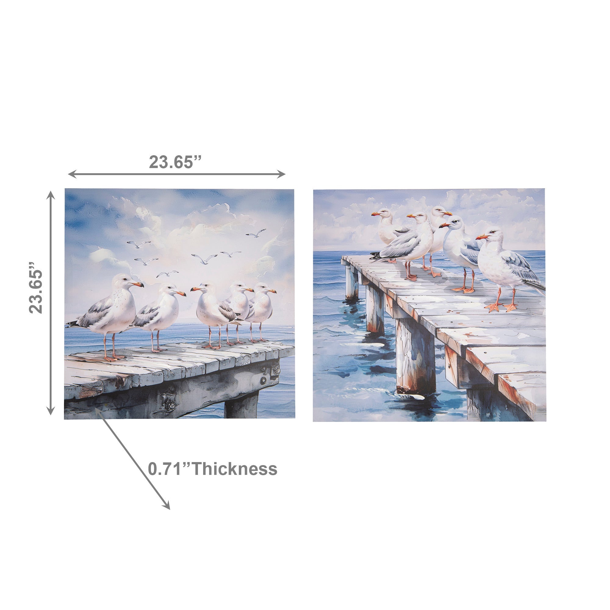 Hand-Painted Canvas Wall Art Featuring Seagulls on Boardwalk - Set of 2