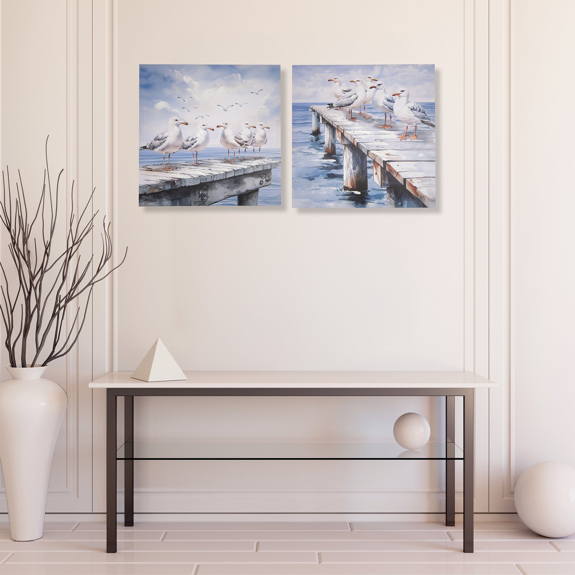 Hand-Painted Canvas Wall Art Featuring Seagulls on Boardwalk - Set of 2