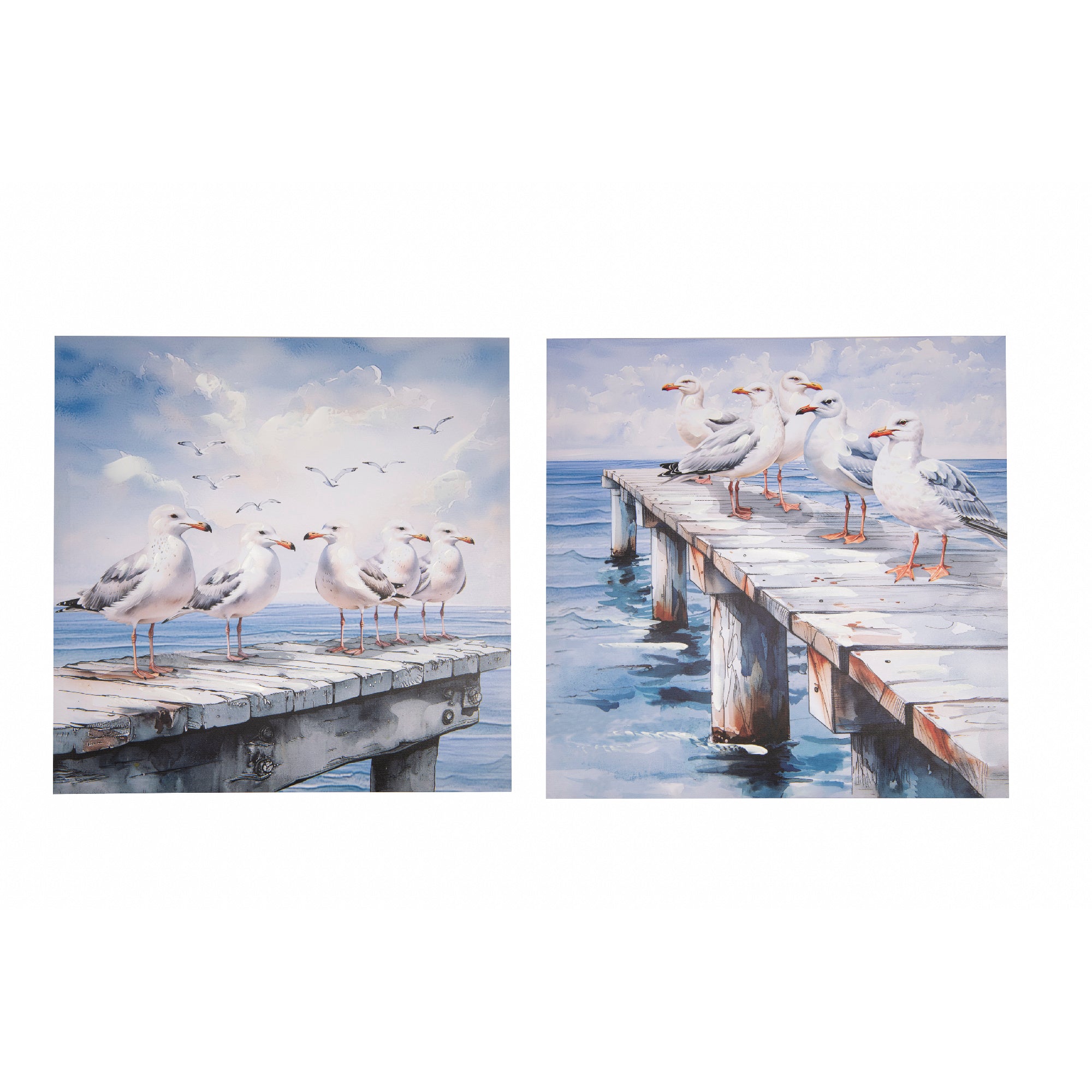 Hand-Painted Canvas Wall Art Featuring Seagulls on Boardwalk - Set of 2