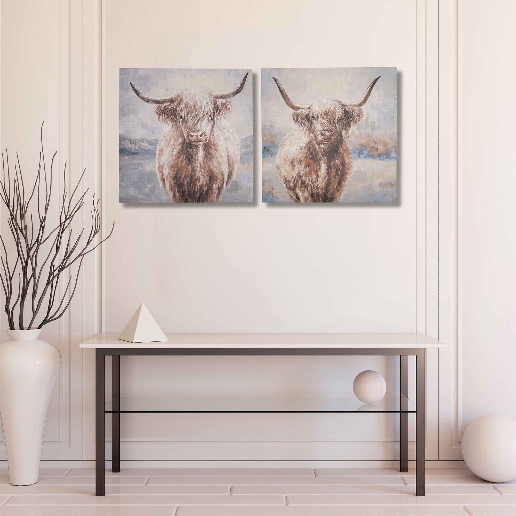Hand-Painted Canvas Wall Art Featuring Yak Portrait - Set of 2