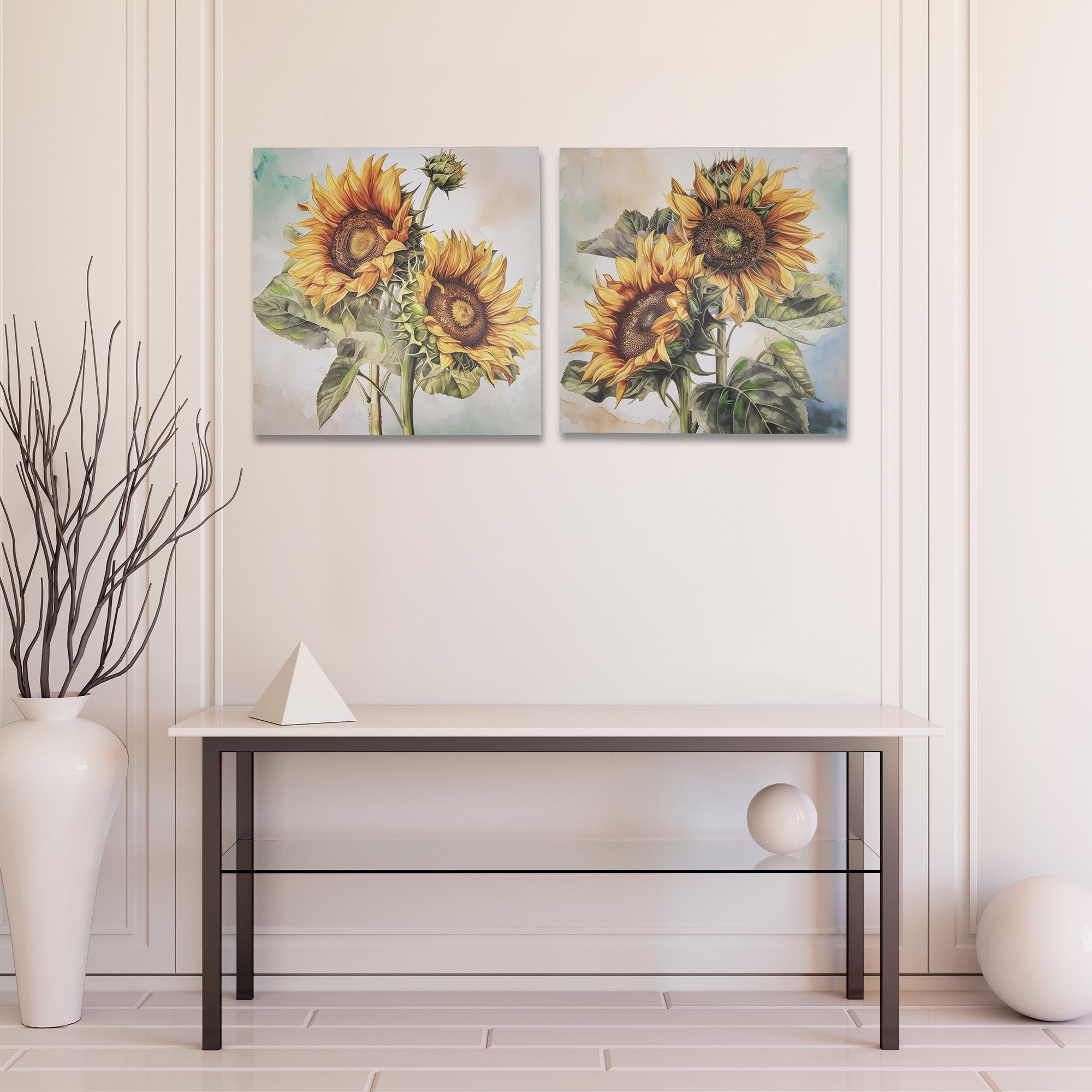 Hand-Painted Canvas Wall Art Featuring Wild Sunflower - Set of 2
