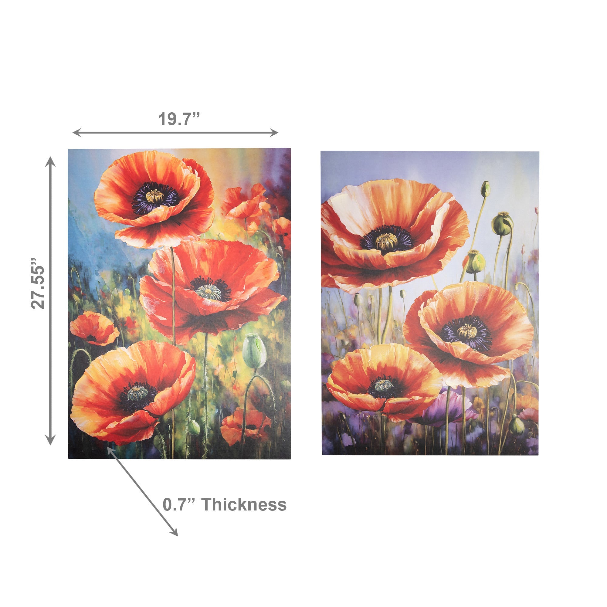 Hand-Painted Canvas Wall Art Featuring Blooming Poppies - Set of 2