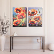 Hand-Painted Canvas Wall Art Featuring Blooming Poppies - Set of 2