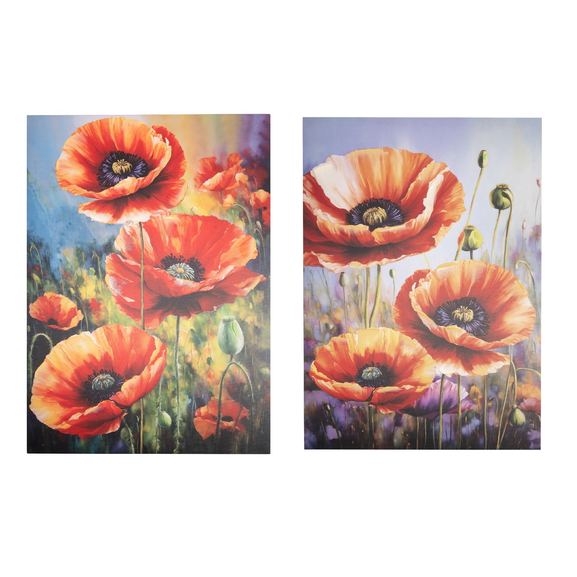 Hand-Painted Canvas Wall Art Featuring Blooming Poppies - Set of 2