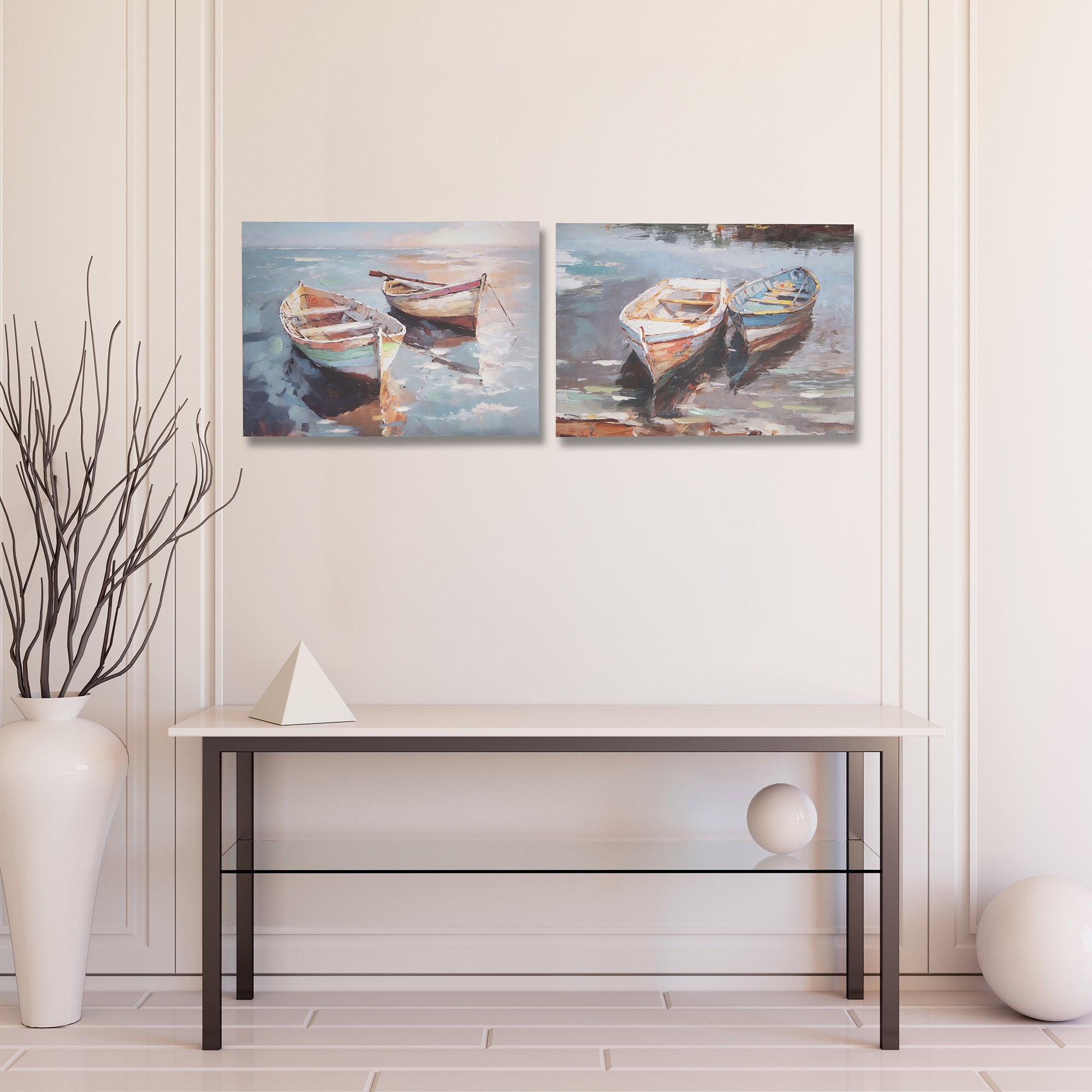 Hand-Painted Canvas Wall Art Featuring Swaying Boats - Set of 2