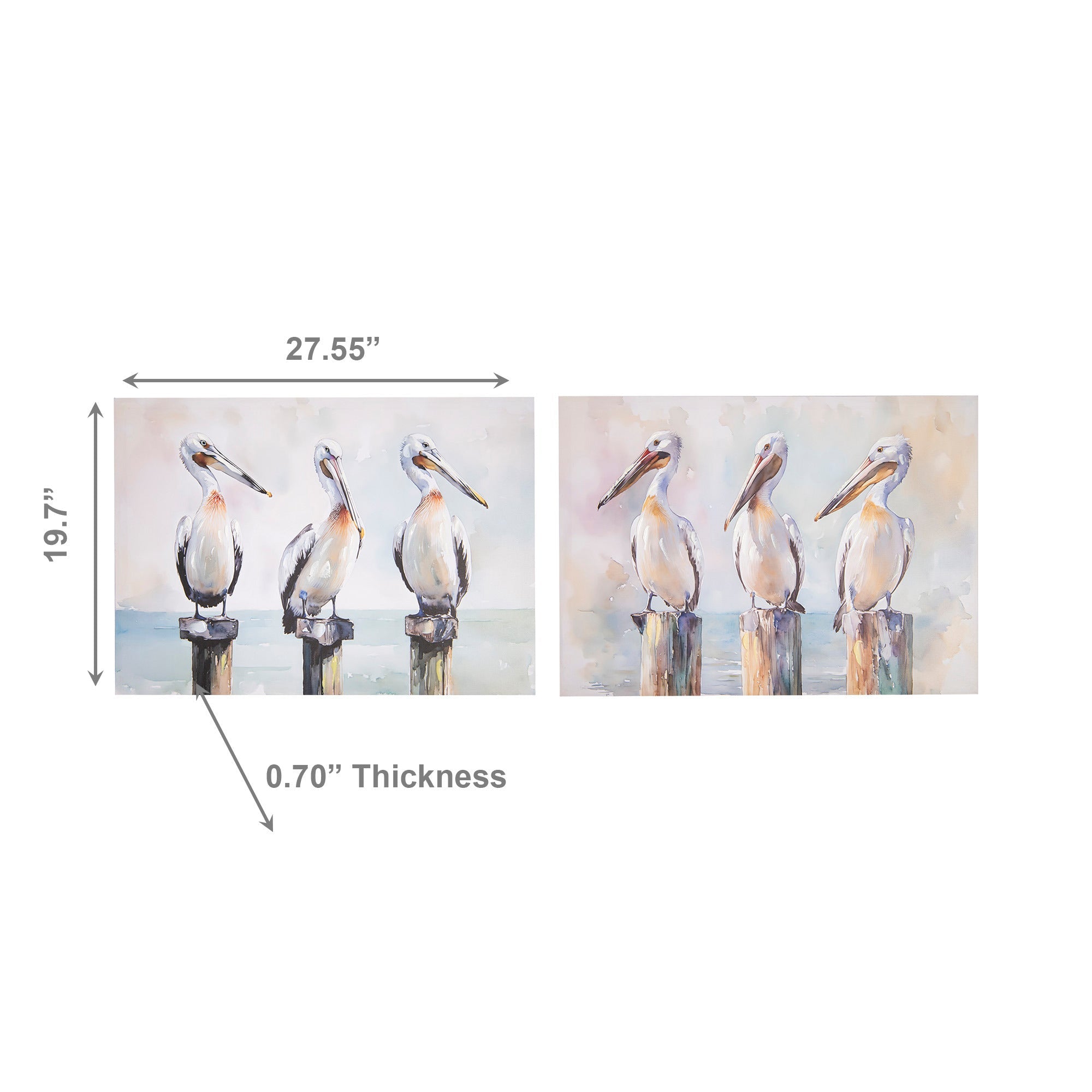 Hand-Painted Canvas Wall Art Featuring Pelicans on Post - Set of 2