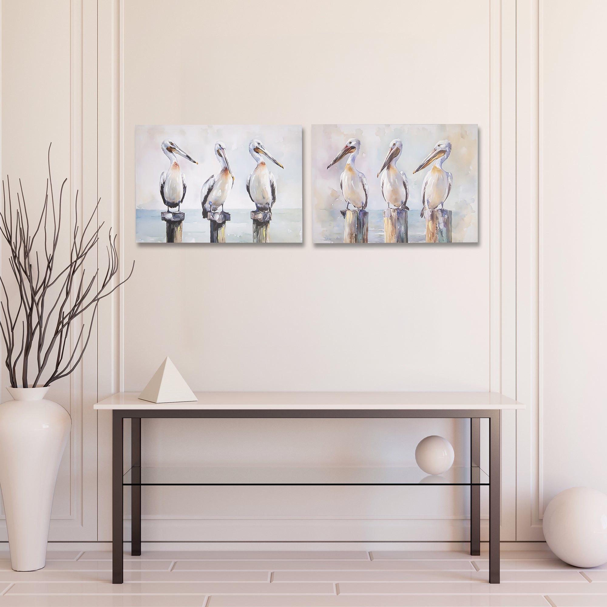Hand-Painted Canvas Wall Art Featuring Pelicans on Post - Set of 2