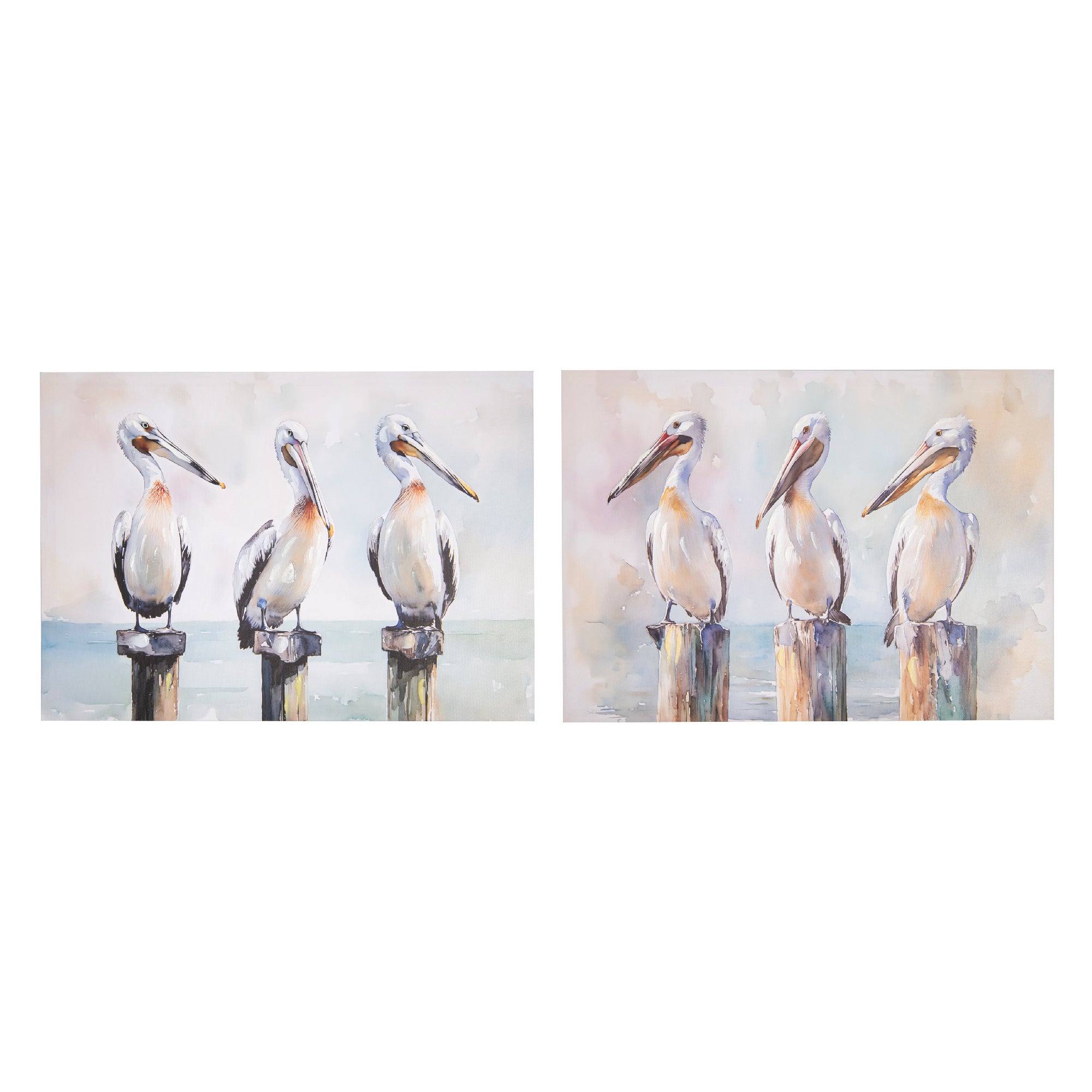 Hand-Painted Canvas Wall Art Featuring Pelicans on Post - Set of 2