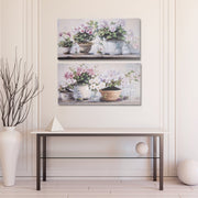 Hand-Painted Canvas Wall Art Featuring Potted Floral Tablescape - Set of 2