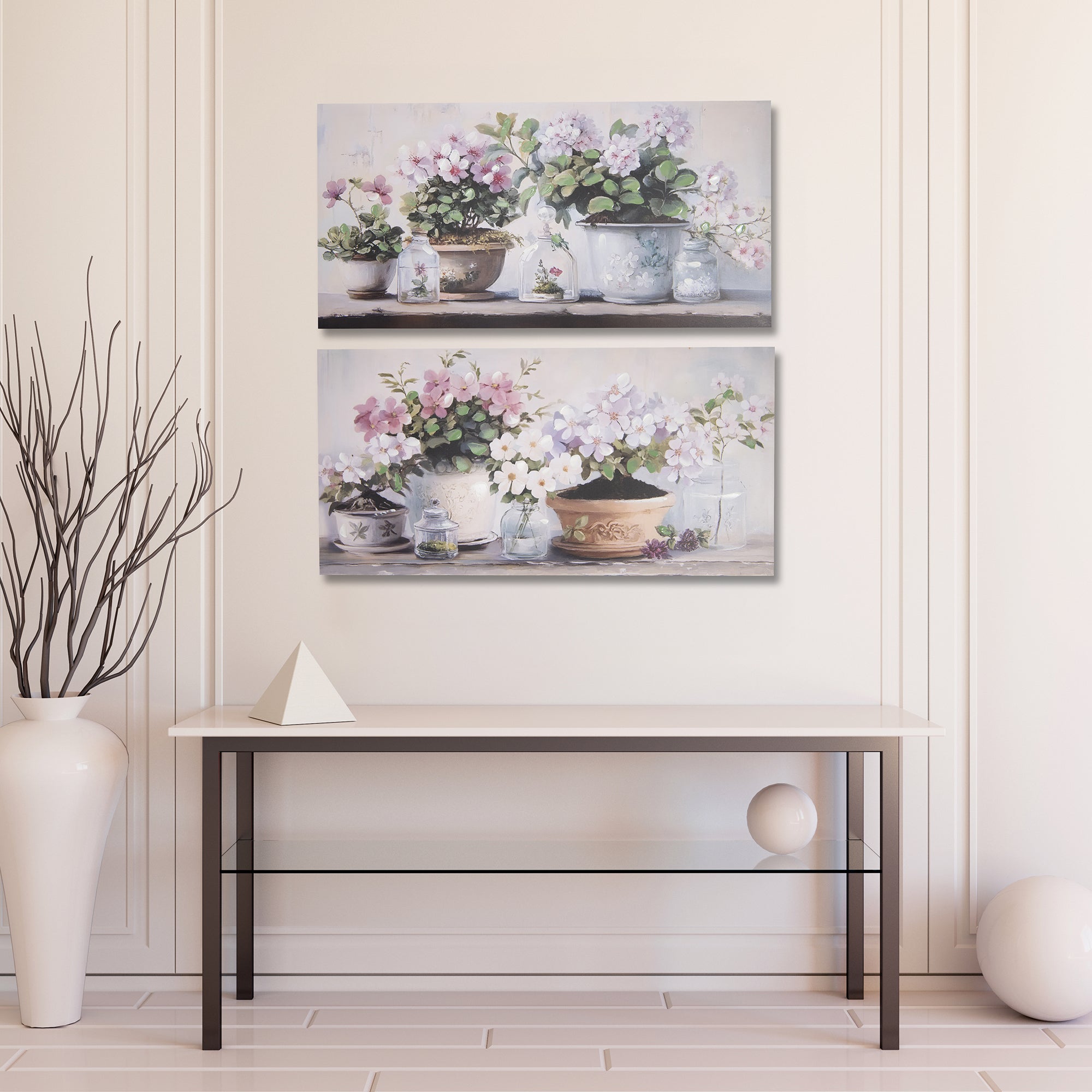 Hand-Painted Canvas Wall Art Featuring Potted Floral Tablescape - Set of 2