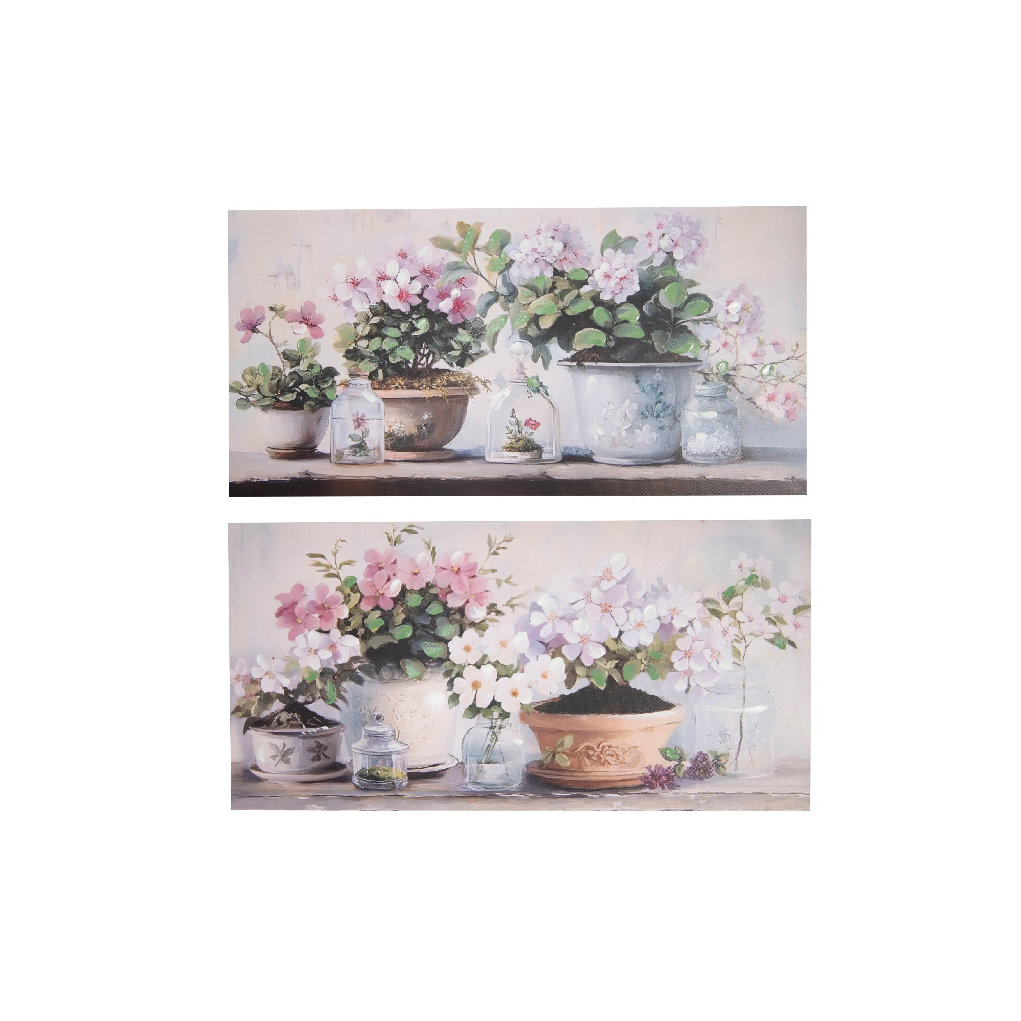 Hand-Painted Canvas Wall Art Featuring Potted Floral Tablescape - Set of 2