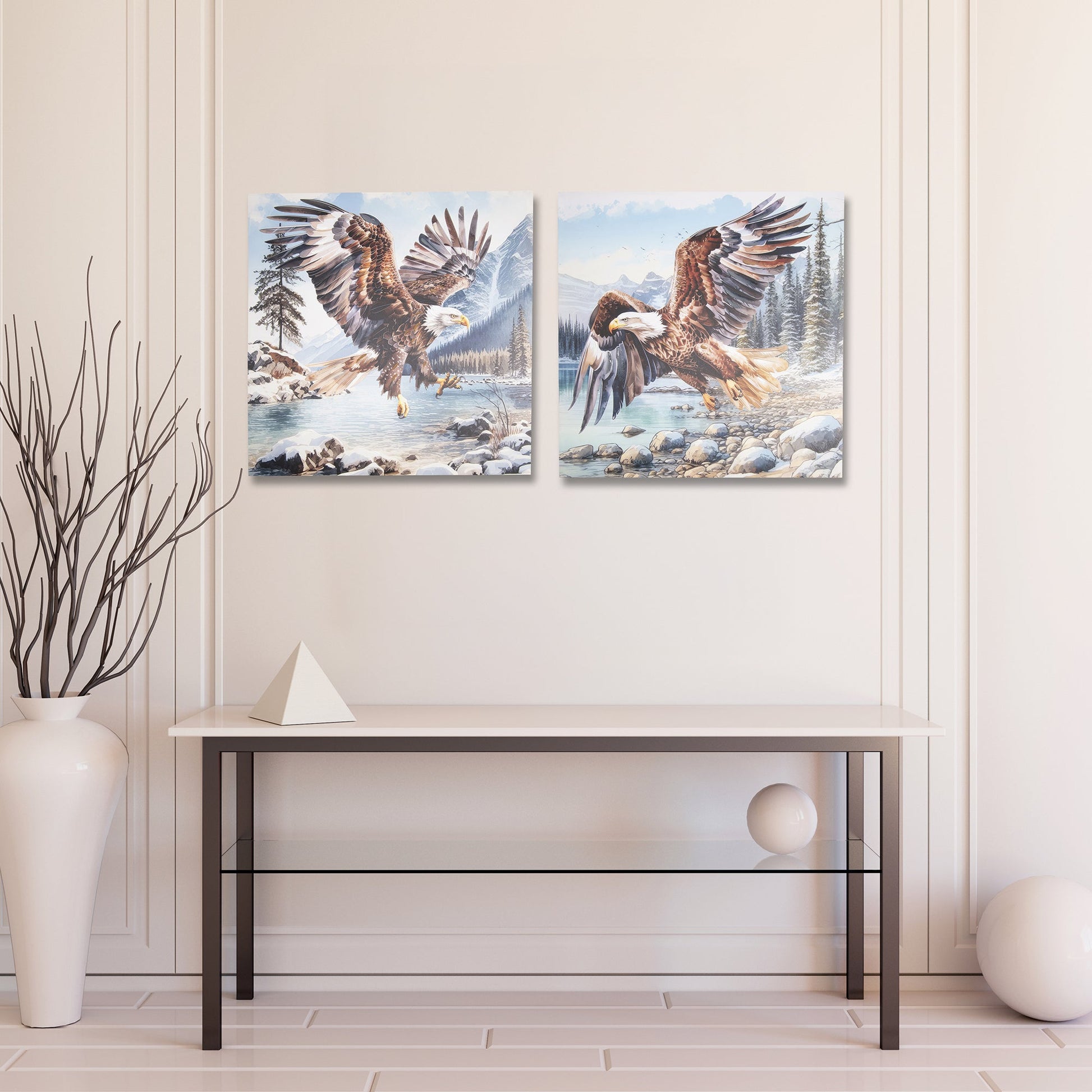 Hand-Painted Canvas Wall Art Featuring Soaring Eagle - Set of 2