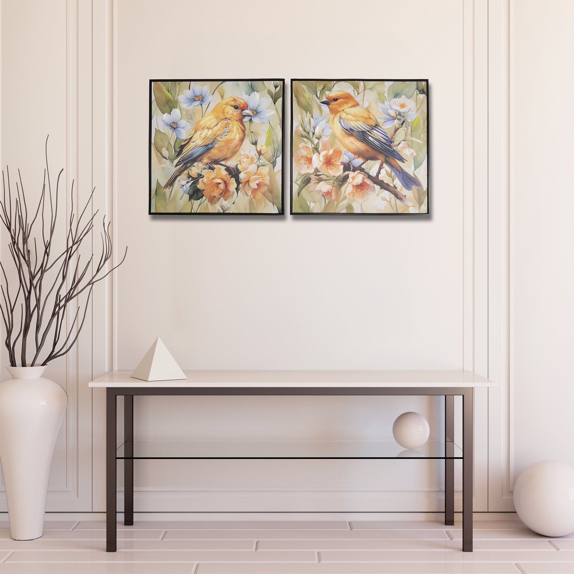 Framed Hand-Painted Canvas Wall Art Featuring Spring Canary - Set of 2