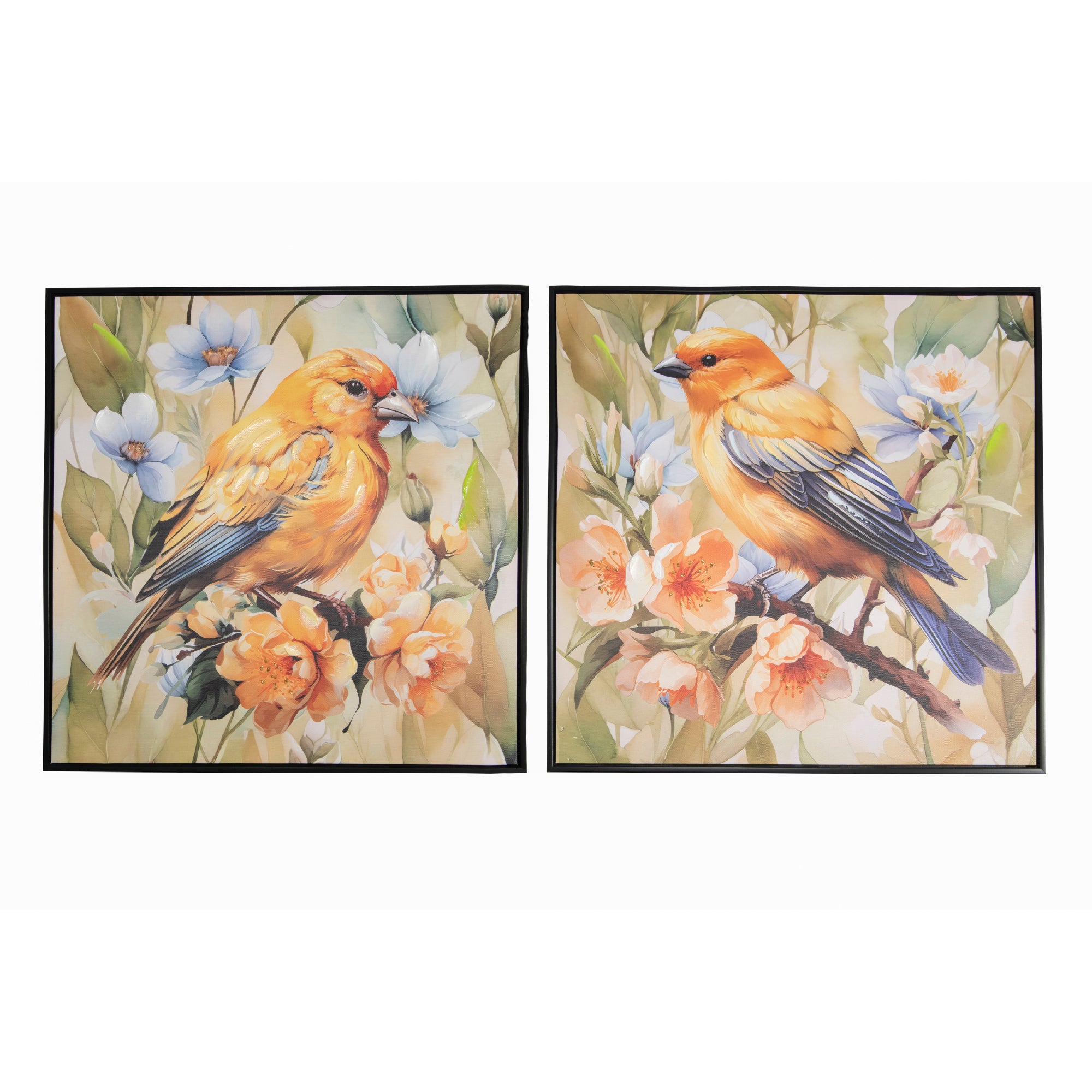Framed Hand-Painted Canvas Wall Art Featuring Spring Canary - Set of 2