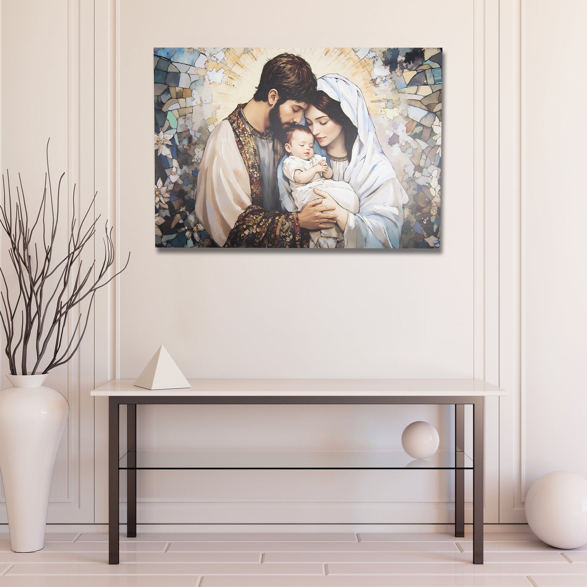 Hand-Painted Canvas Wall Art Featuring Holy Family