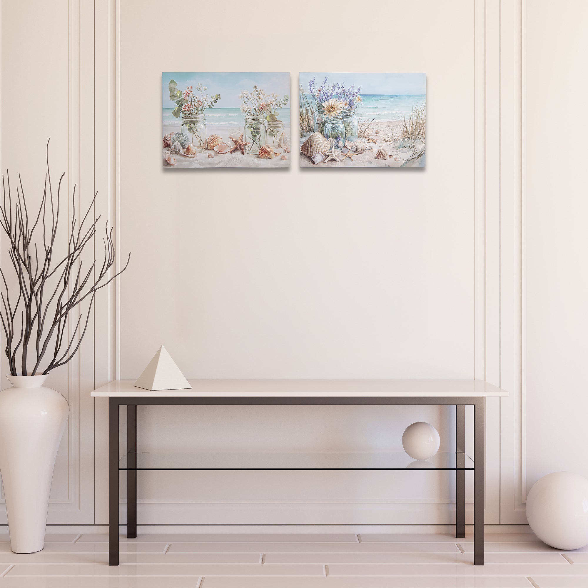 Canvas Wall Art Depicting Seashells by the Seashore - Set of 2
