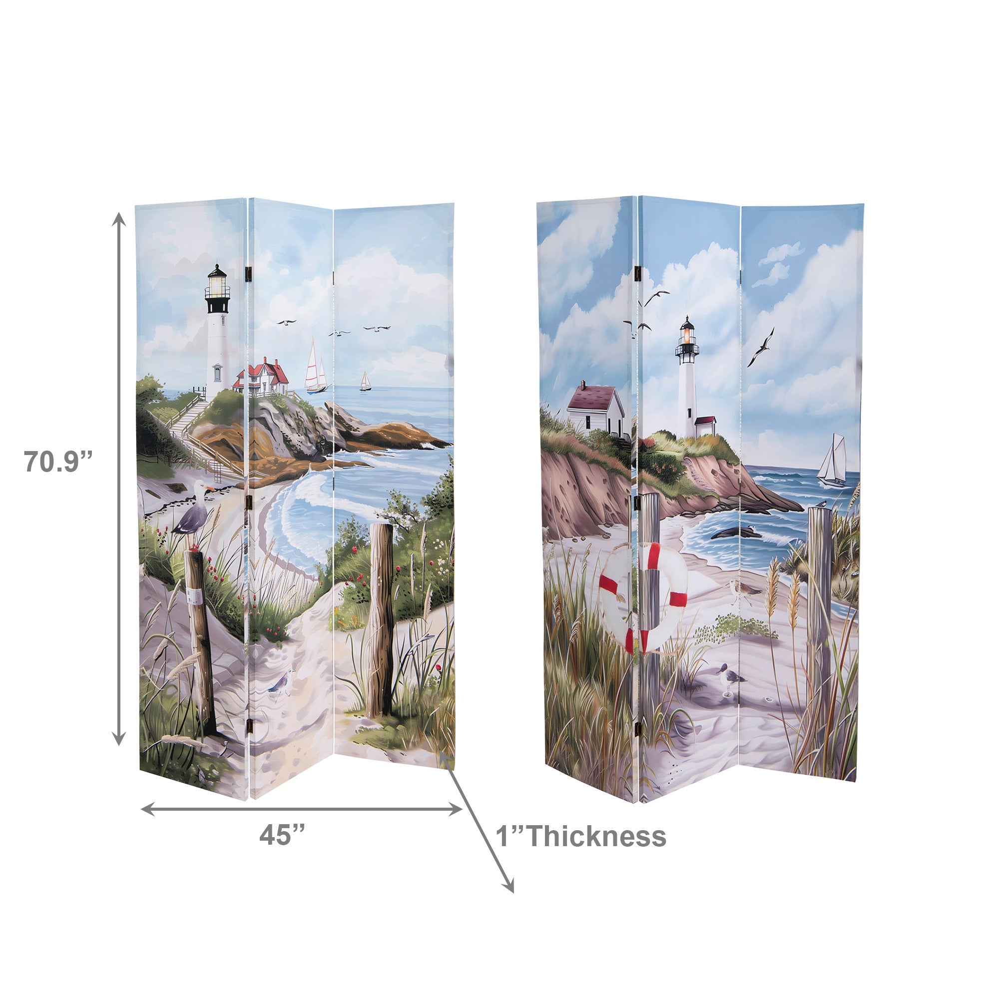 Double-Sided 3-Panel Canvas Screen Featuring Lighthouse by the Coast