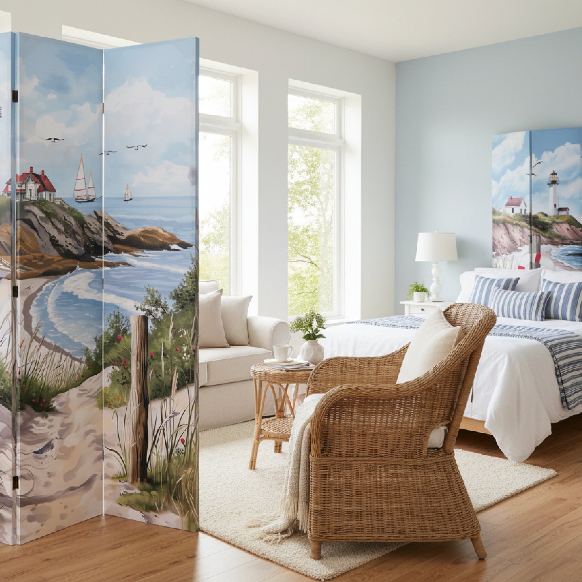 Double-Sided 3-Panel Canvas Screen Featuring Lighthouse by the Coast