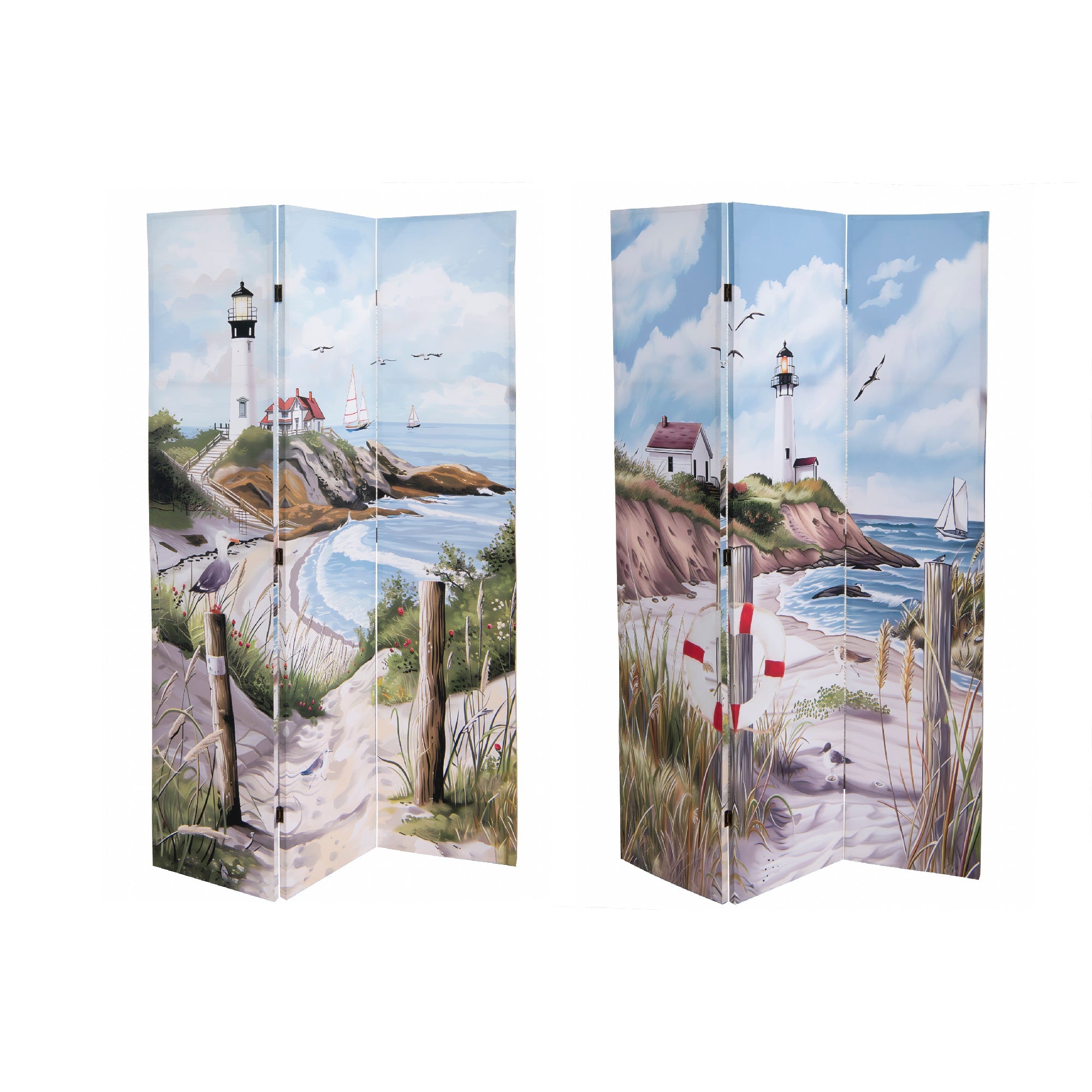 Double-Sided 3-Panel Canvas Screen Featuring Lighthouse by the Coast