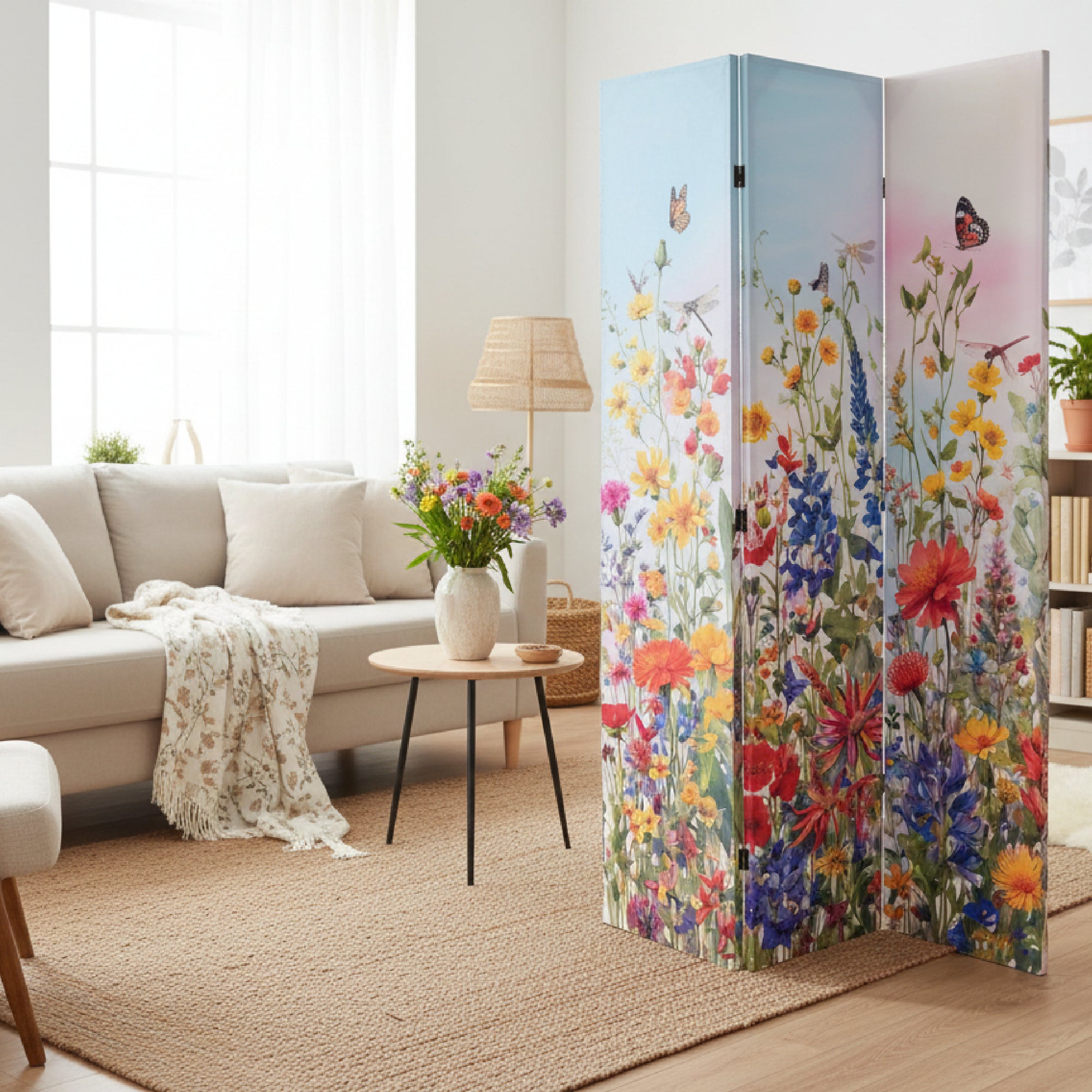 Double-Sided 3-Panel Canvas Screen Featuring Botanical Garden