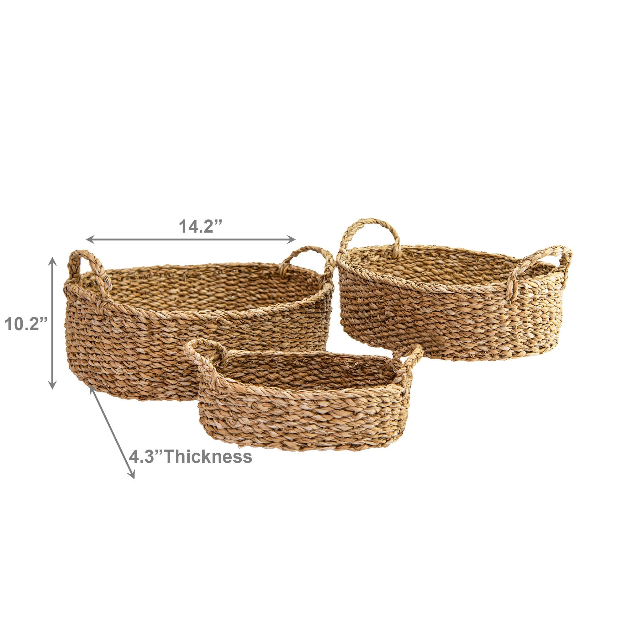 Set of 3 Natural Oval Seagrass Baskets with Braided Handles