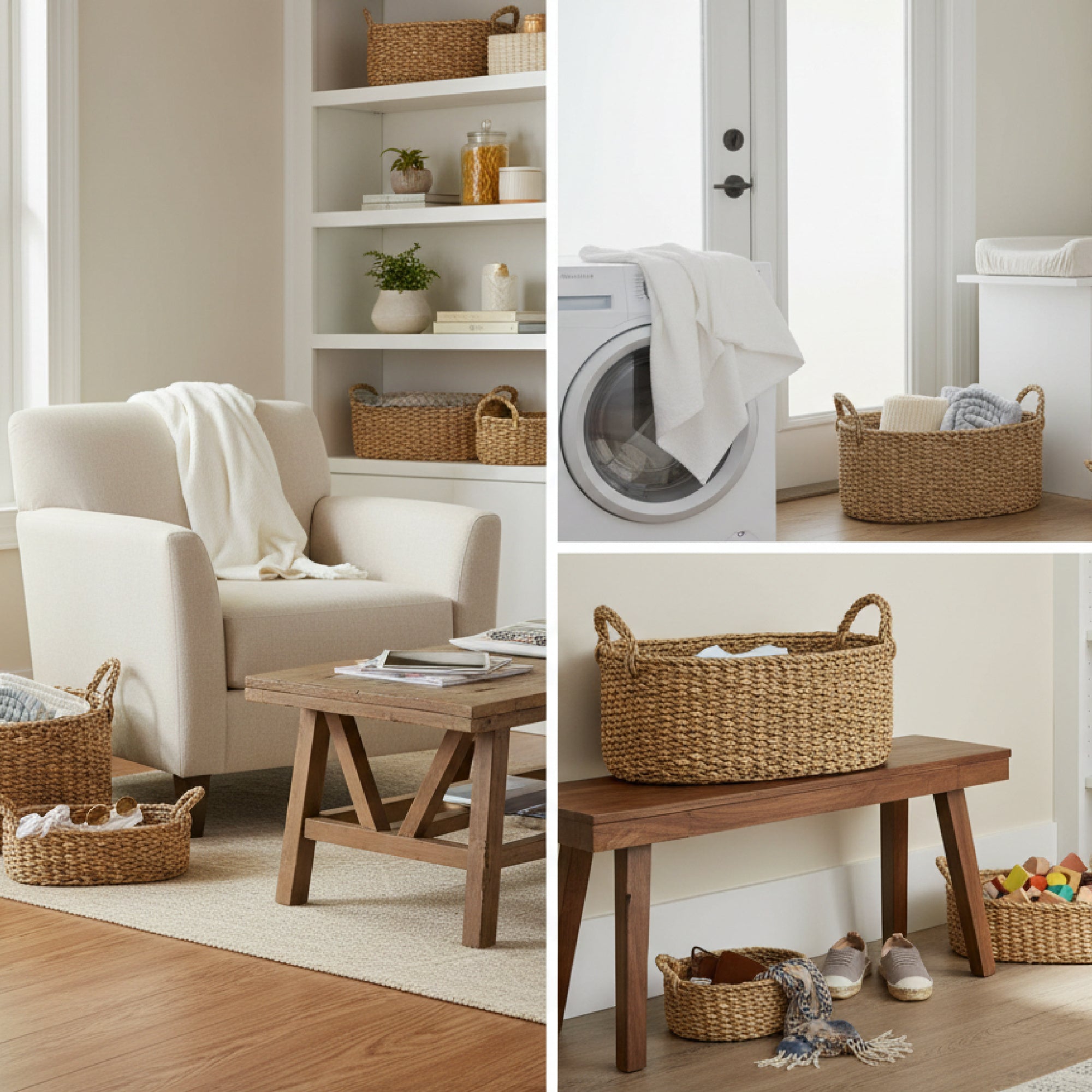 Set of 3 Natural Oval Seagrass Baskets with Braided Handles