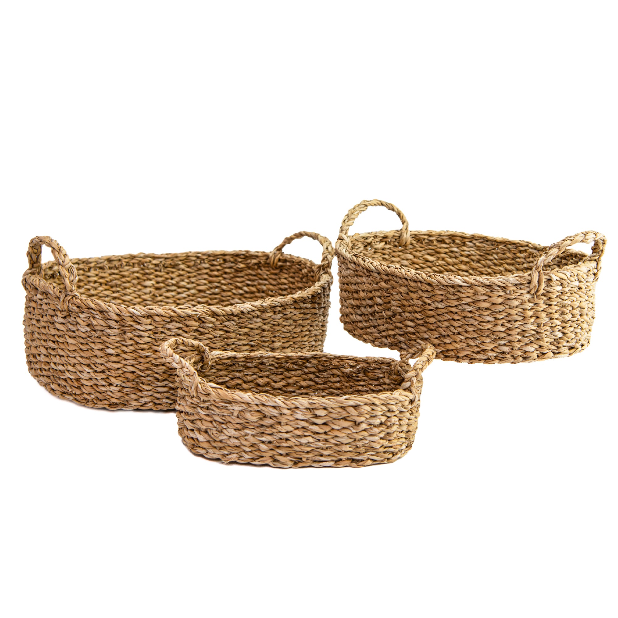 Set of 3 Natural Oval Seagrass Baskets with Braided Handles