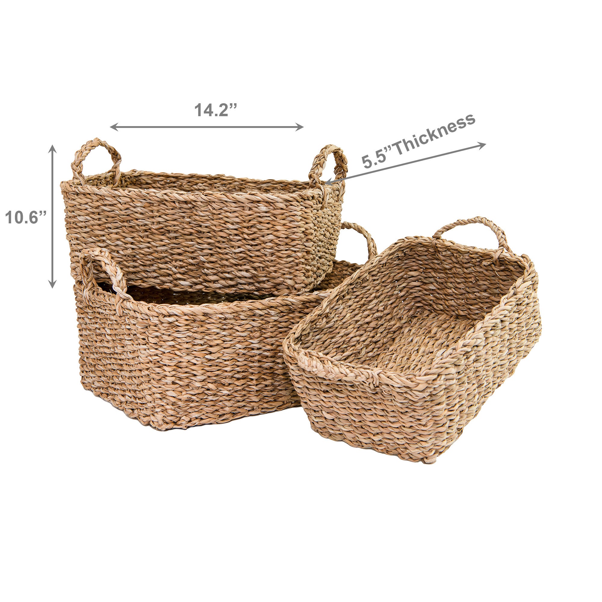 Set of 3 Handwoven Natural Rectangular Seagrass Baskets with Durable Braided Handles