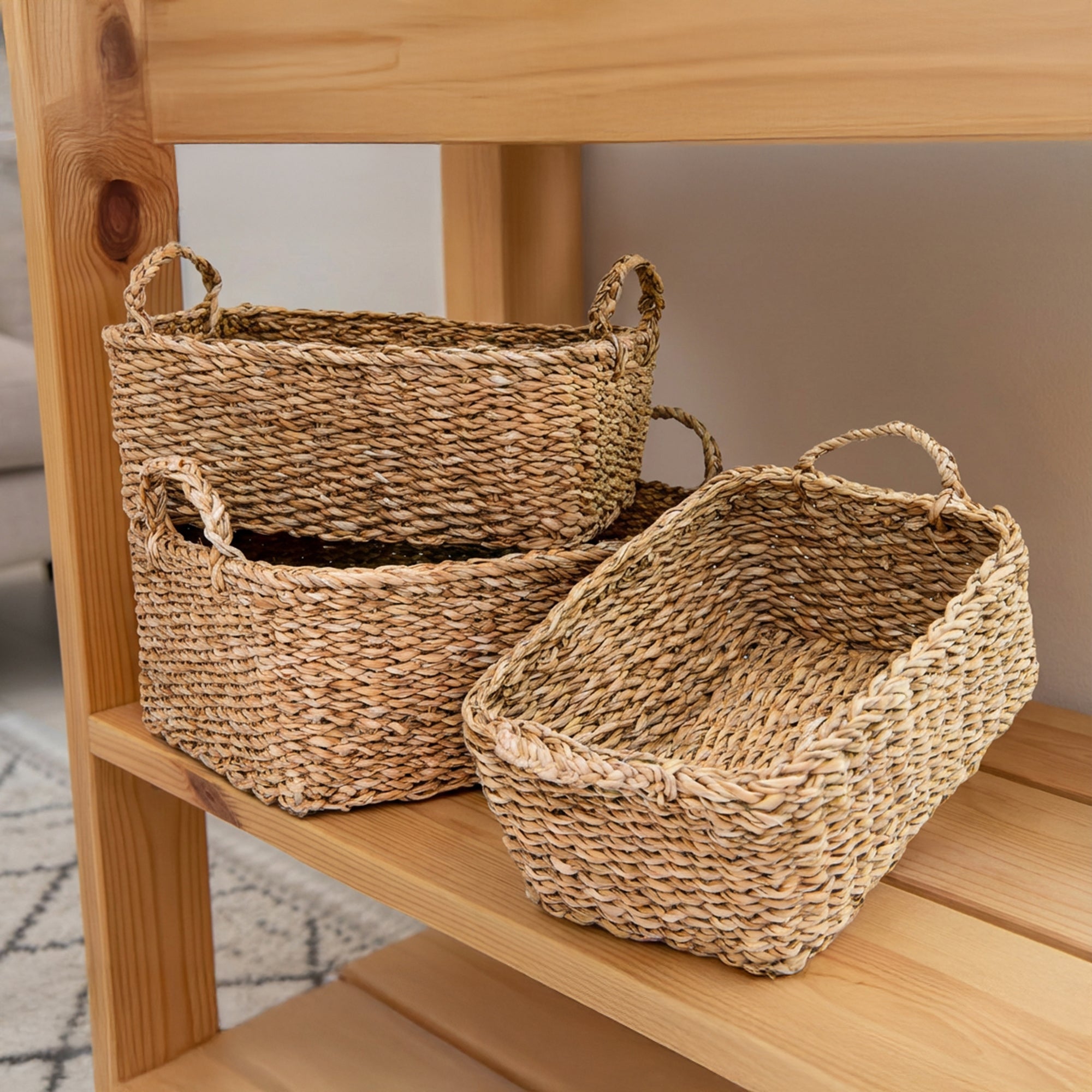 Set of 3 Handwoven Natural Rectangular Seagrass Baskets with Durable Braided Handles