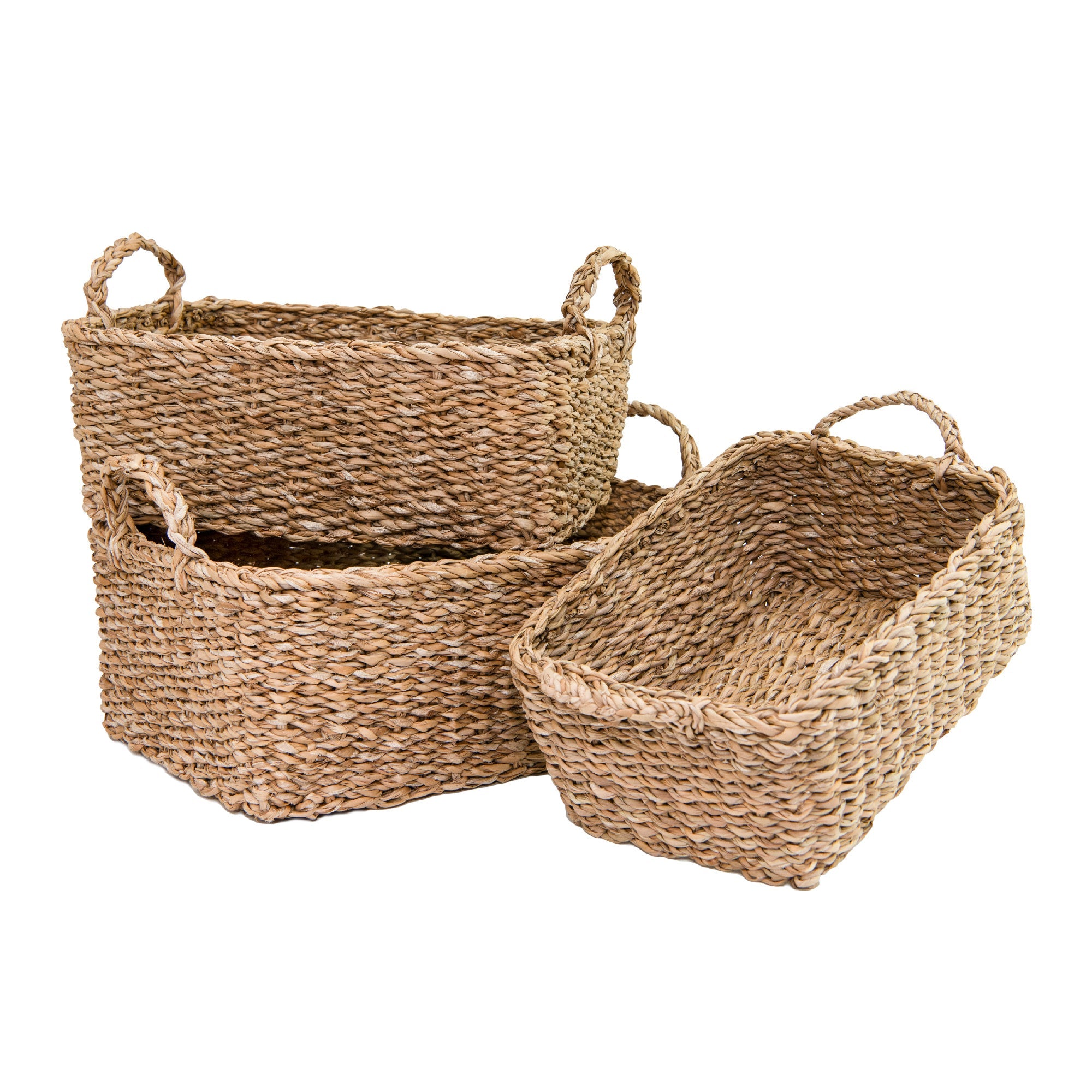 Set of 3 Handwoven Natural Rectangular Seagrass Baskets with Durable Braided Handles
