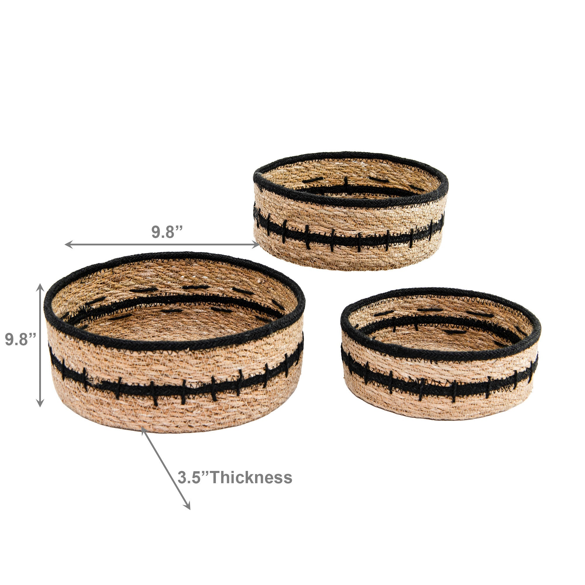 Set of 3 Round Seagrass & Jute Baskets in Natural and Black Tones, Handcrafted Design