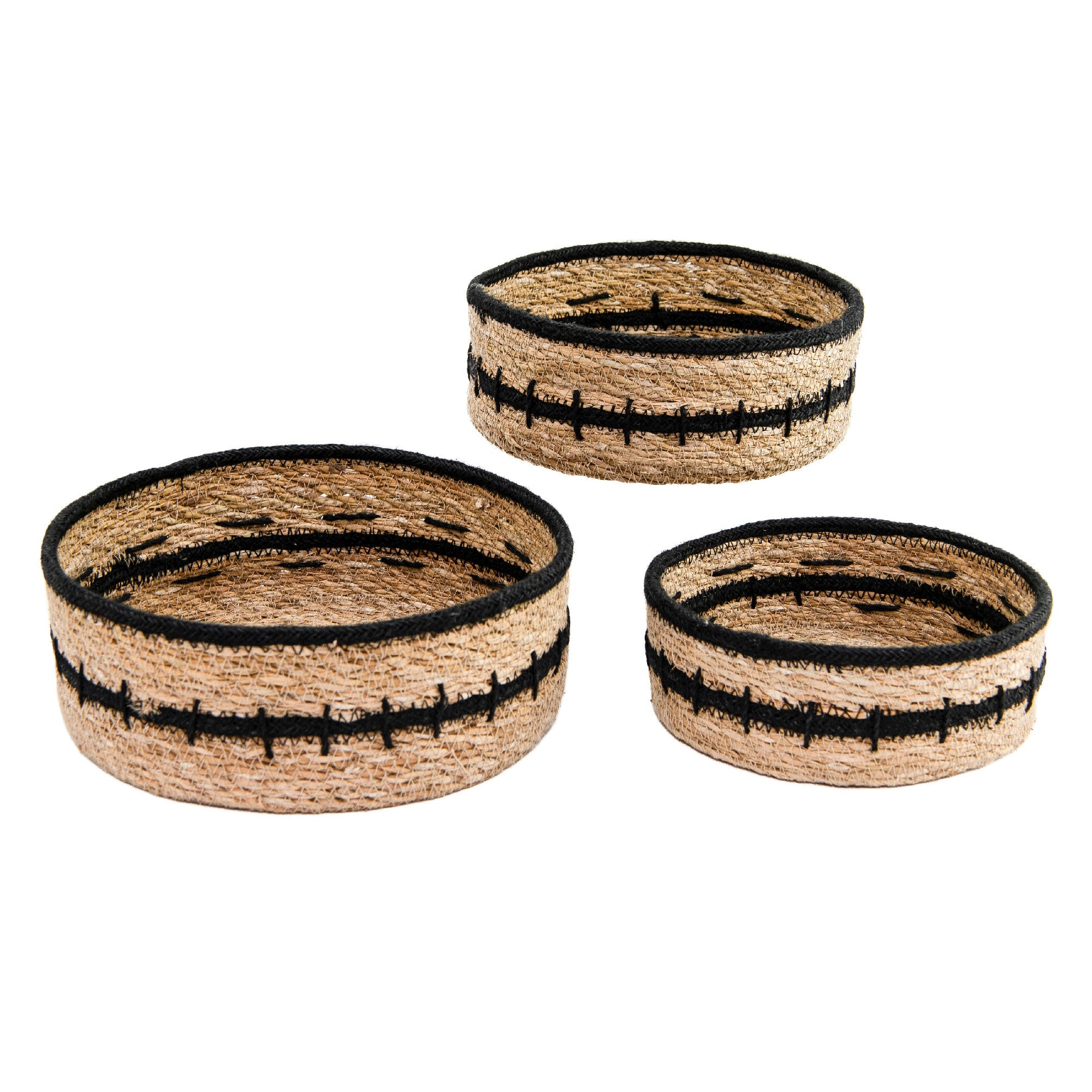 Set of 3 Round Seagrass & Jute Baskets in Natural and Black Tones, Handcrafted Design