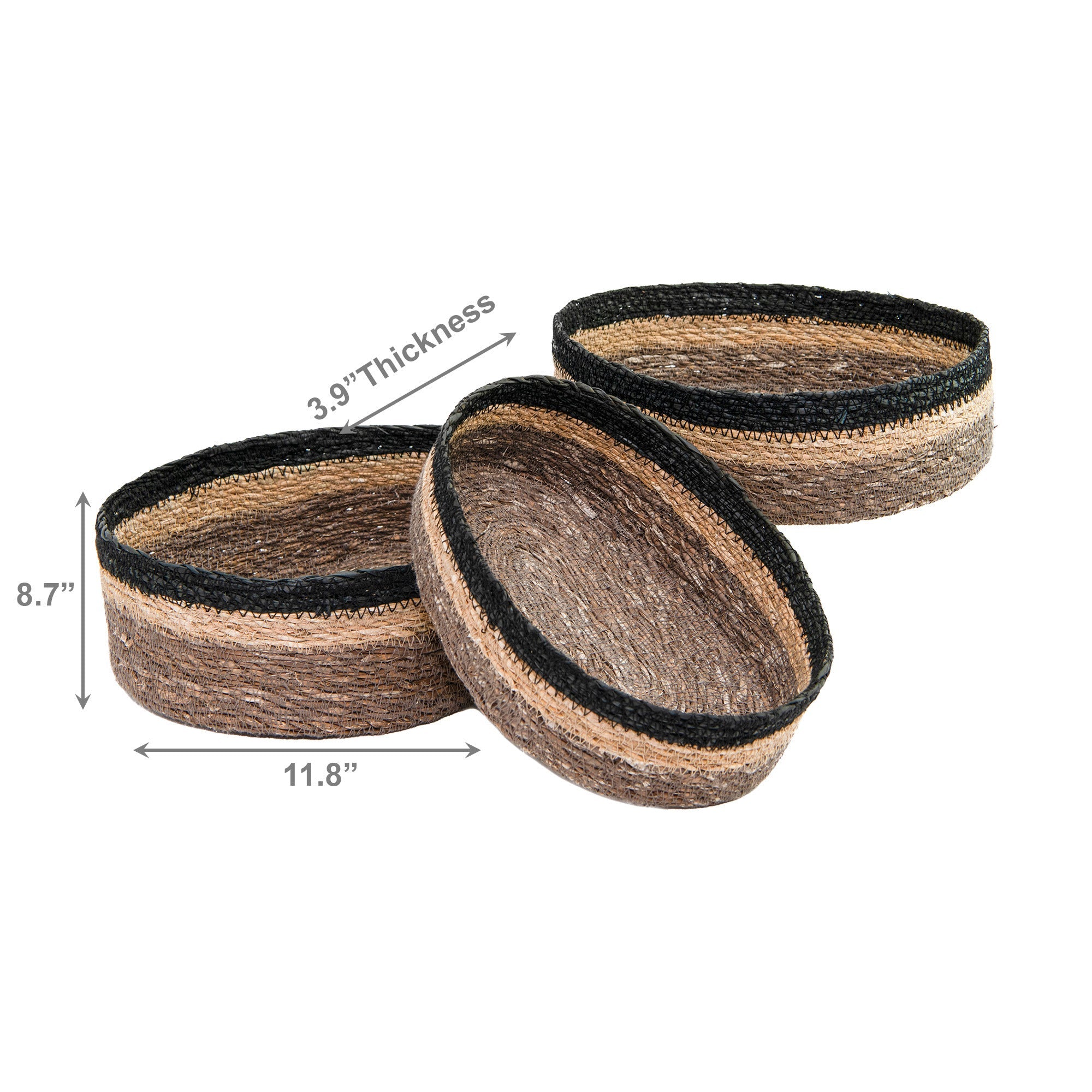 Handwoven Set of 3 Oval Seagrass Baskets in Natural, Gray, and Black Shades
