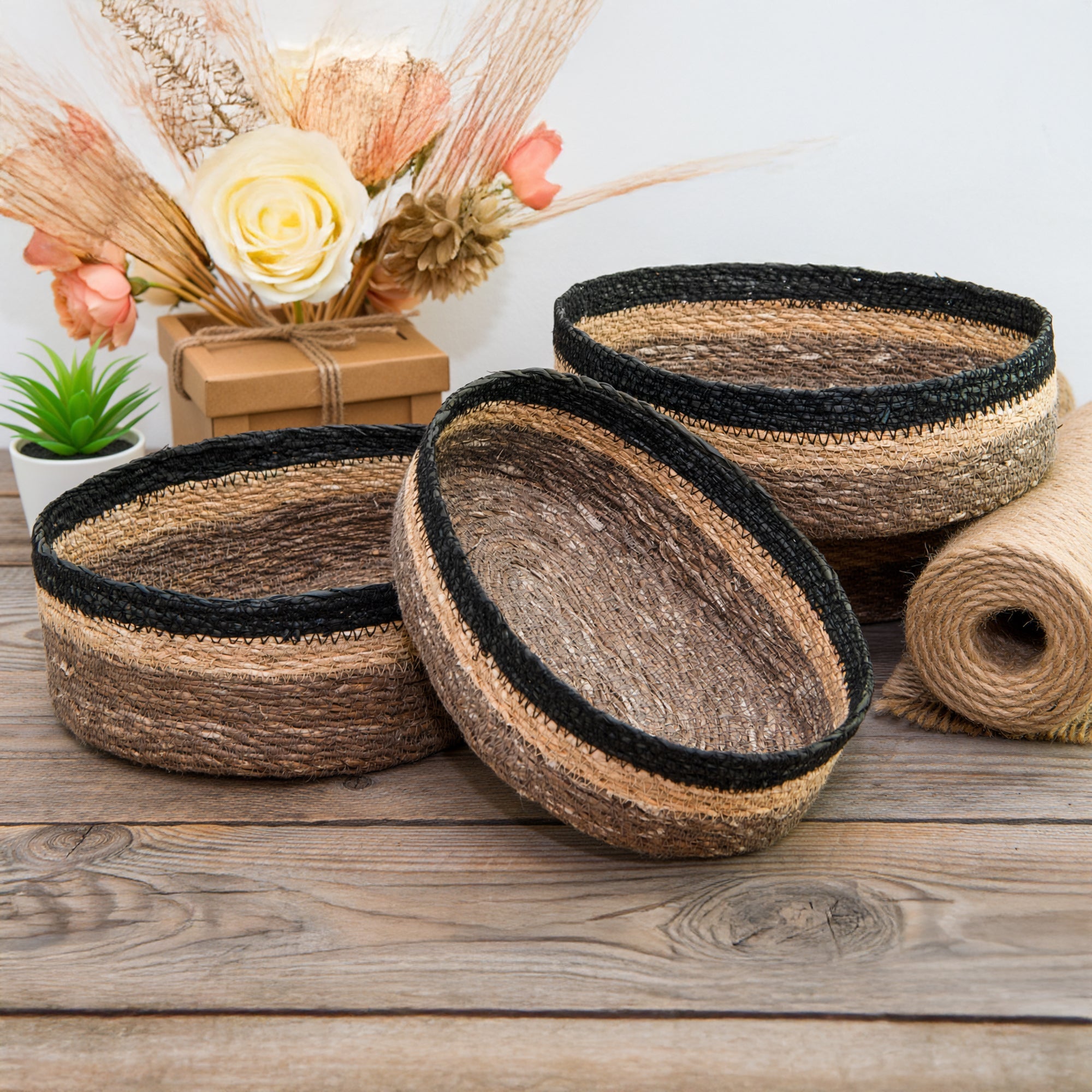 Handwoven Set of 3 Oval Seagrass Baskets in Natural, Gray, and Black Shades