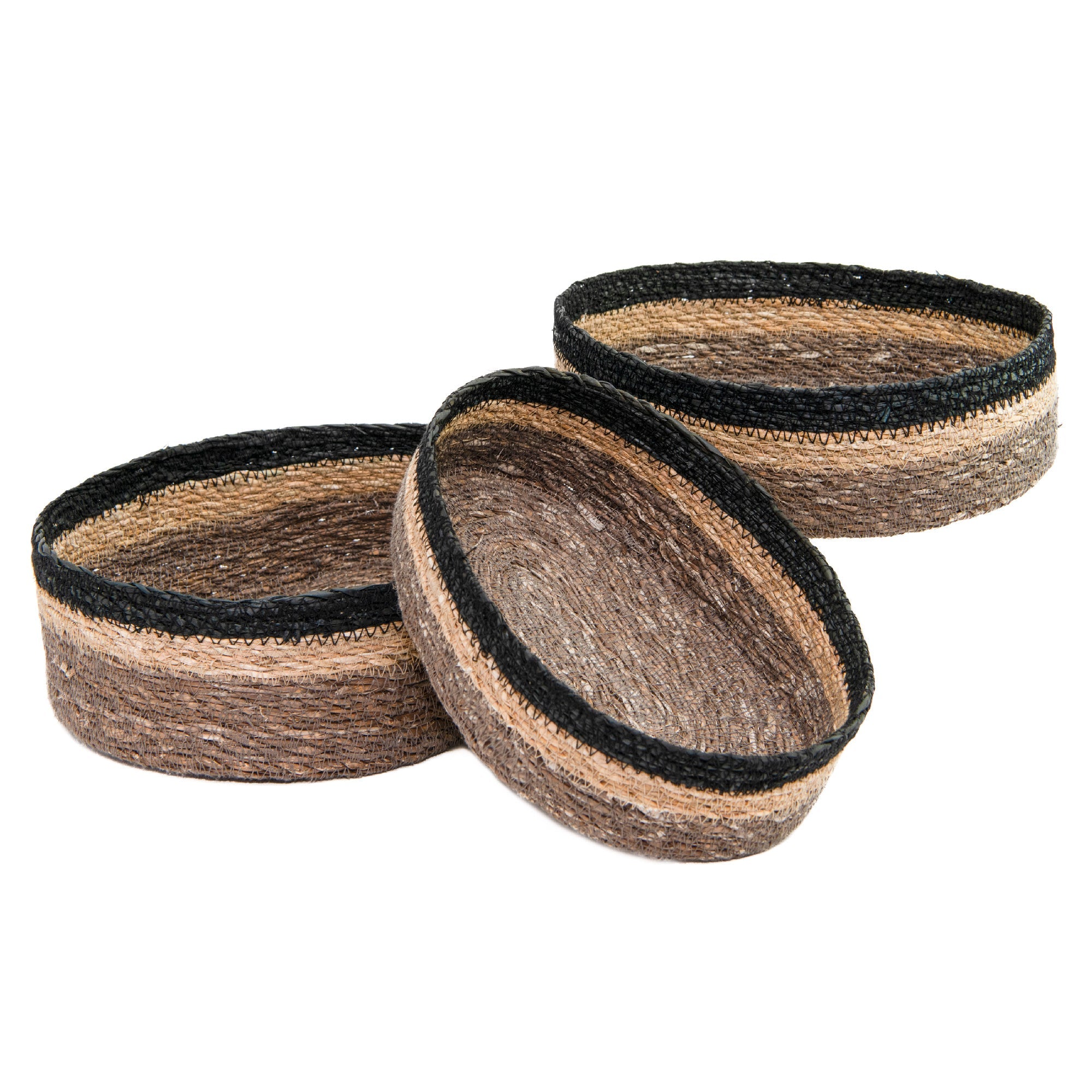 Handwoven Set of 3 Oval Seagrass Baskets in Natural, Gray, and Black Shades