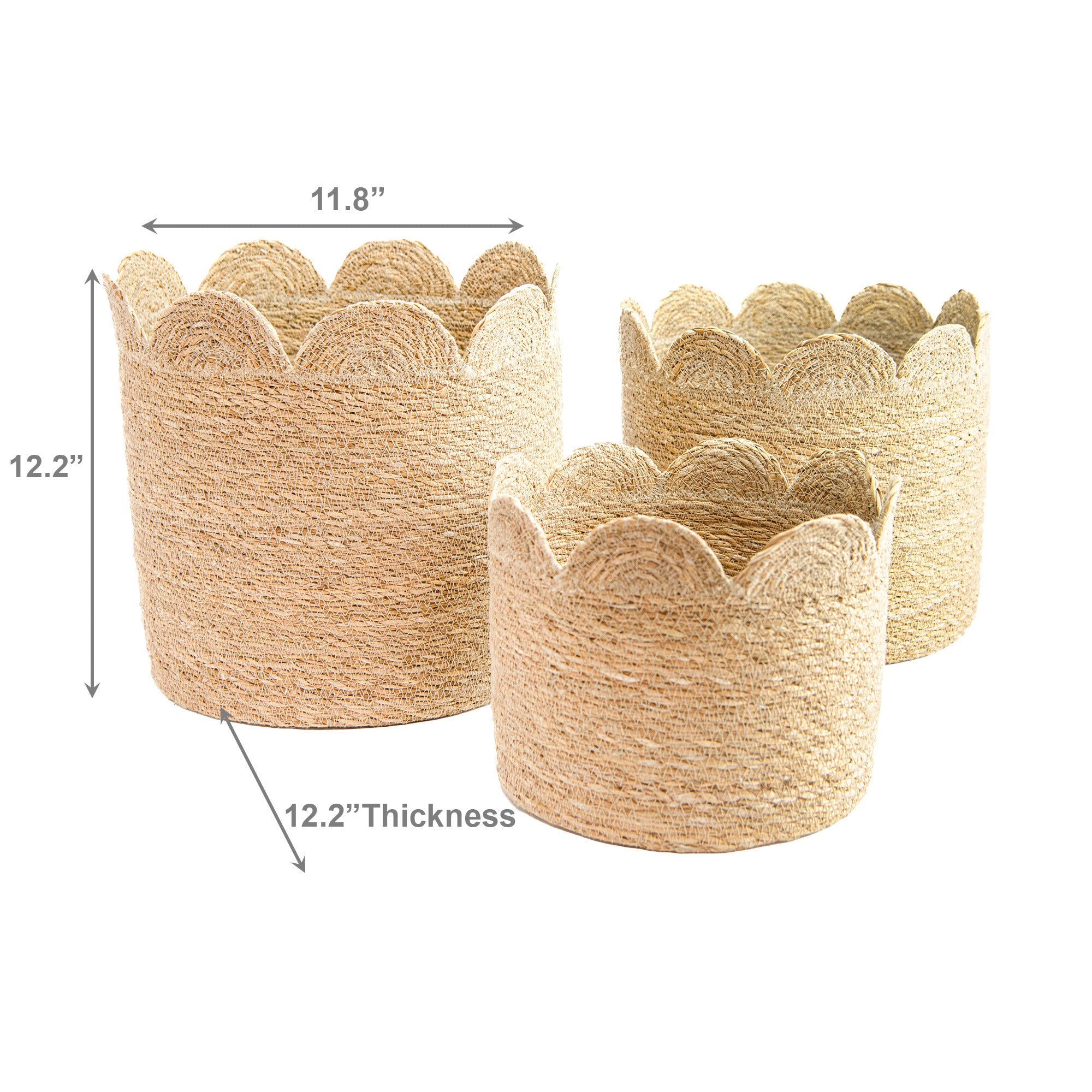 Set of 3 Natural Round Seagrass Baskets with Decorative Scalloped Edges