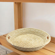 Large 24" White Round Natural Grass Tray Basket with Sturdy Handle for Serving or Decor