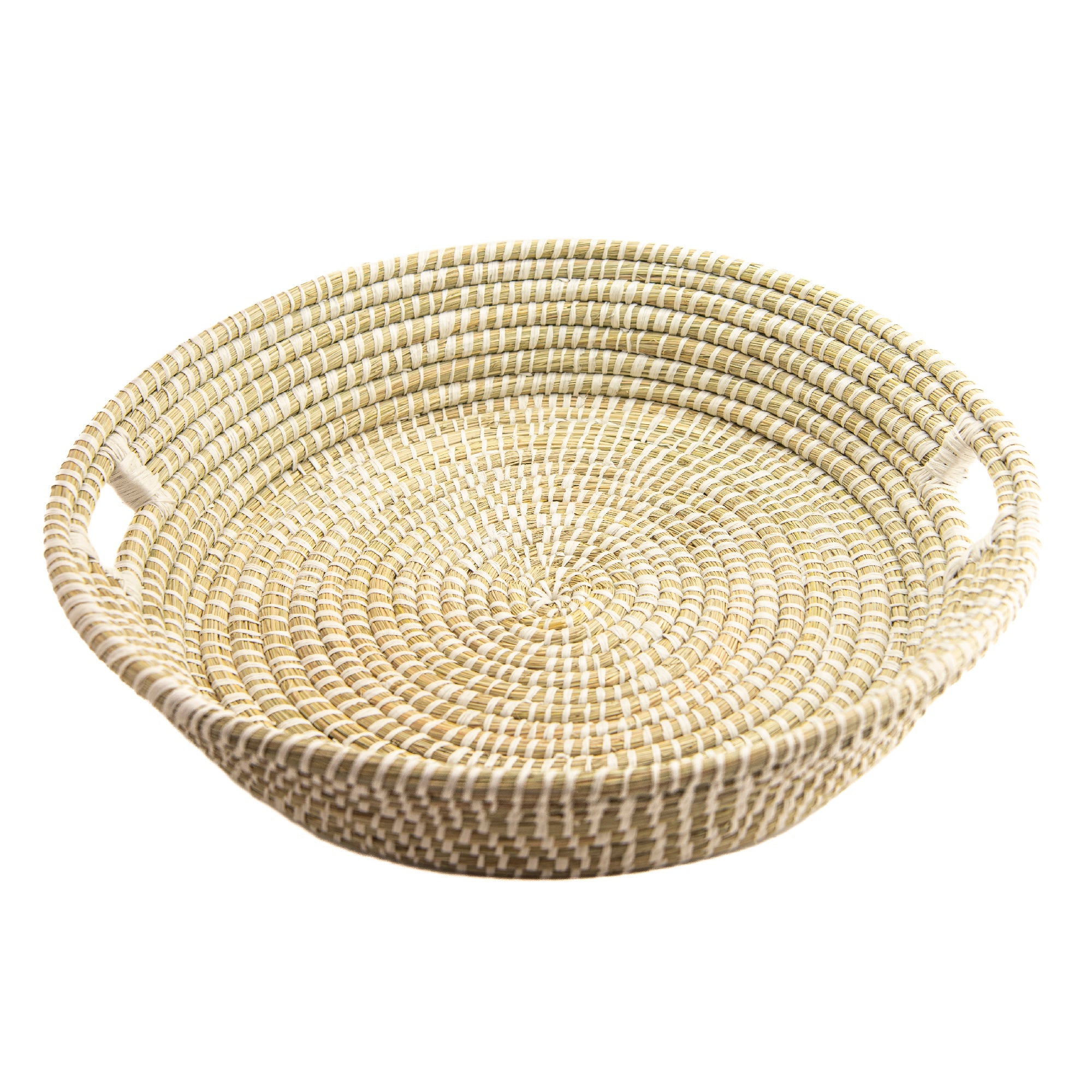 Large 24" White Round Natural Grass Tray Basket with Sturdy Handle for Serving or Decor