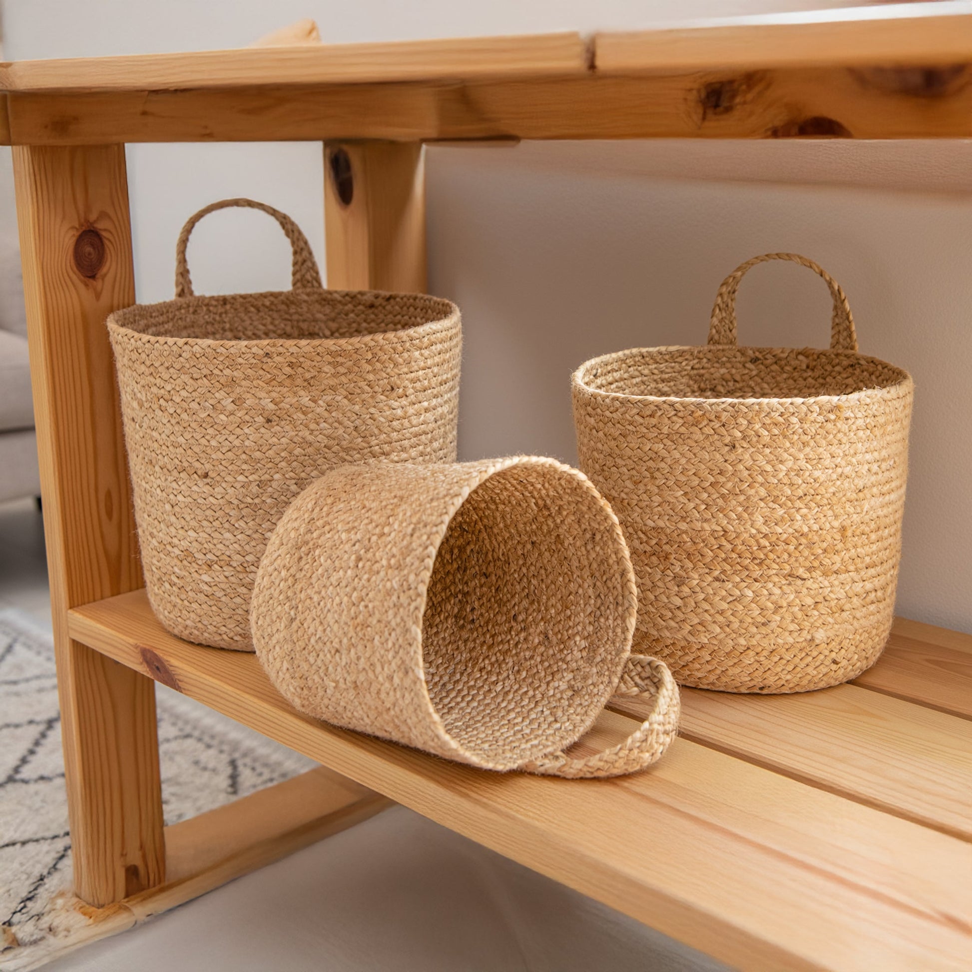 Set of 3 Round Natural Jute Hanging Baskets with Rustic Charm