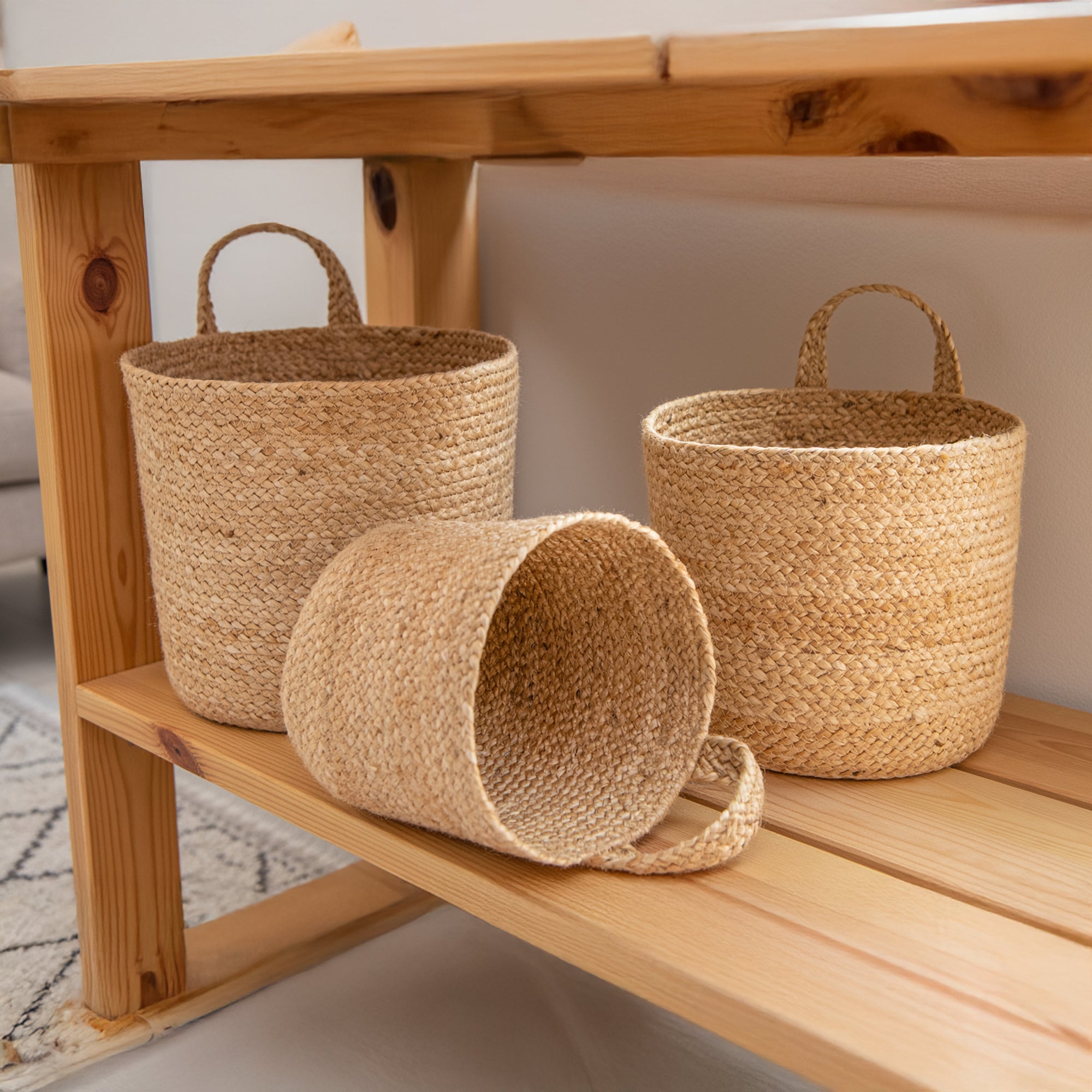Set of 3 Round Natural Jute Hanging Baskets with Rustic Charm