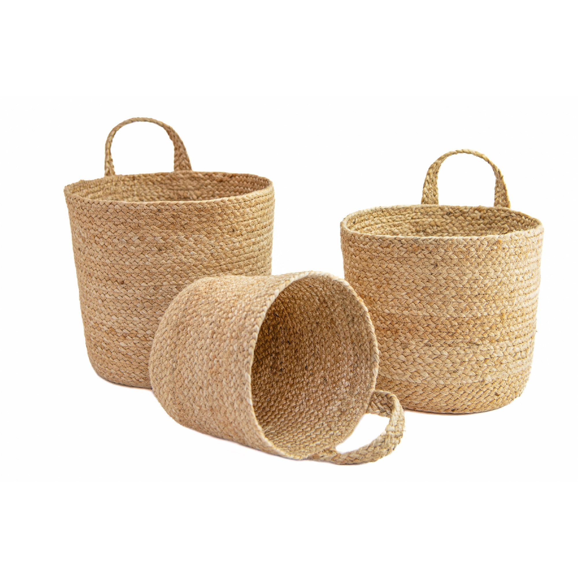 Set of 3 Round Natural Jute Hanging Baskets with Rustic Charm